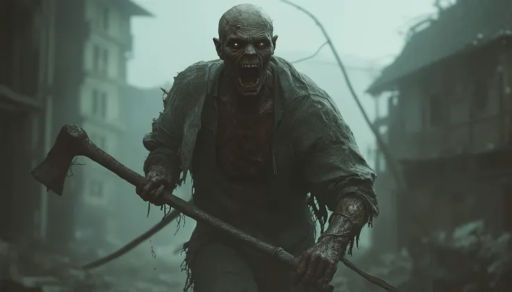 There's a zombie-looking man with an axe in his hand.