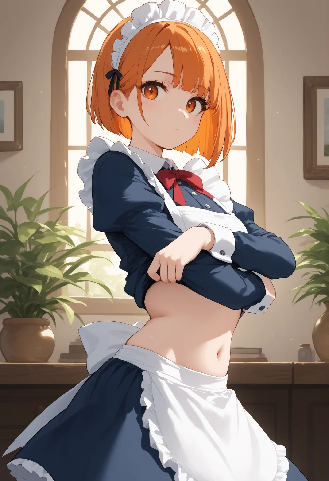 score_9, score_8_up, score_7_up, source_anime,
1 girl,solo,medium chest, maid, maid headdress,
skirt for ears, belly button, ,  undress, Shirt Lift, take off your clothes, lift yourself, arm crossing,
from the side, fisheye lens, looks down on the lord's s...