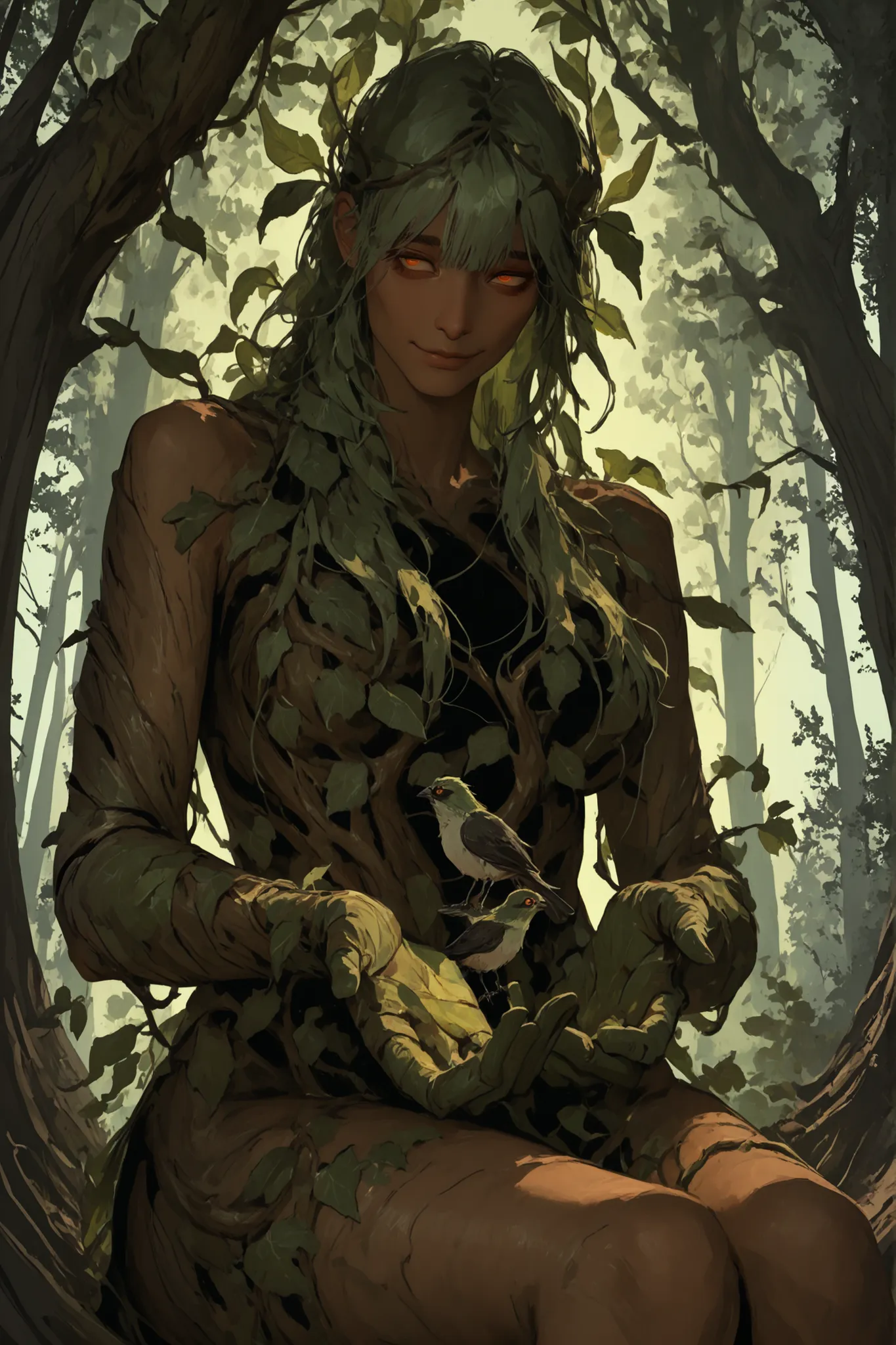 female focus, dyad, forest, extremely tall, towering and statuesque, dark weathered bark, bark skin, mature, dark skin, wood skin, serene, solemn, wide eyes, amber eyes, leaf hair, silver-green lichen and leaves, long bangs, tree woman, legs blending into...