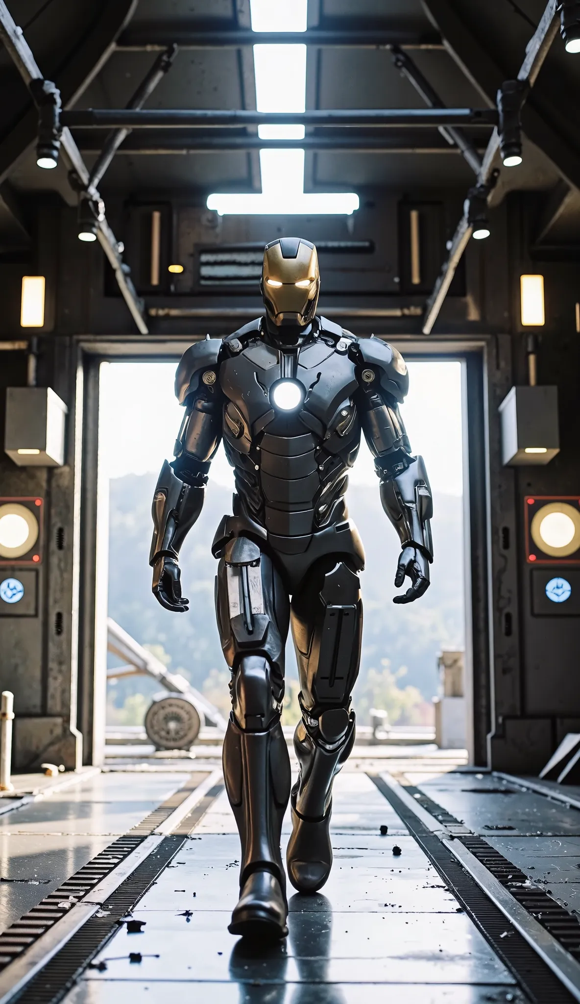 "The Iron Man Mark 1 suit, a rugged and bulky prototype armor built from salvaged parts, confidently walking like a runway model inside the hangar of the Milano spaceship from Guardians of the Galaxy. The Mark 1 suit features weathered, industrial metal pl...