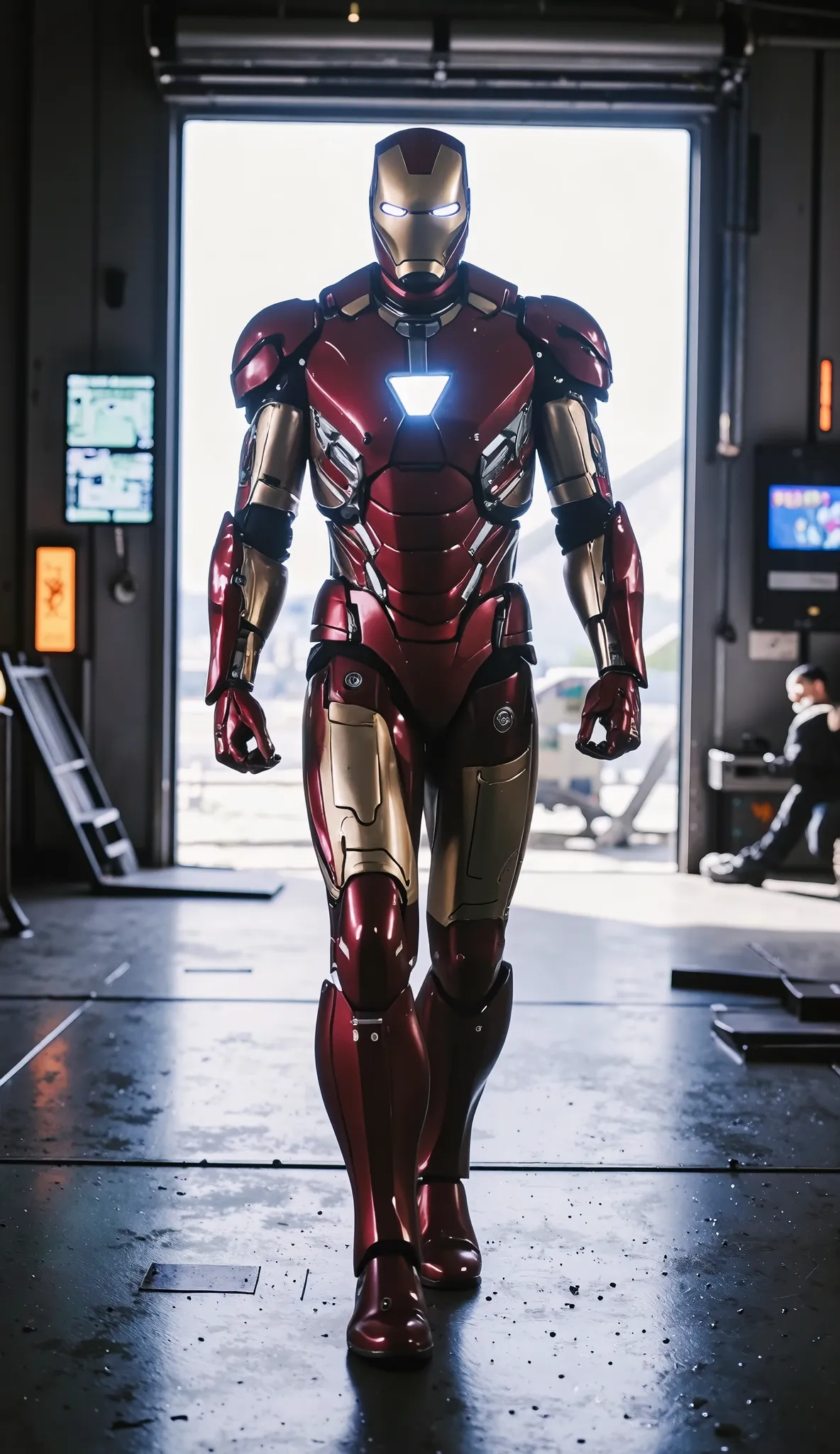 The Iron Man Mark 3 suit, a sleek and refined red and gold armored exosuit, confidently walking like a runway model inside the hangar of the Milano spaceship from Guardians of the Galaxy. The suit features smooth, aerodynamic plating, glowing eyes, and a b...