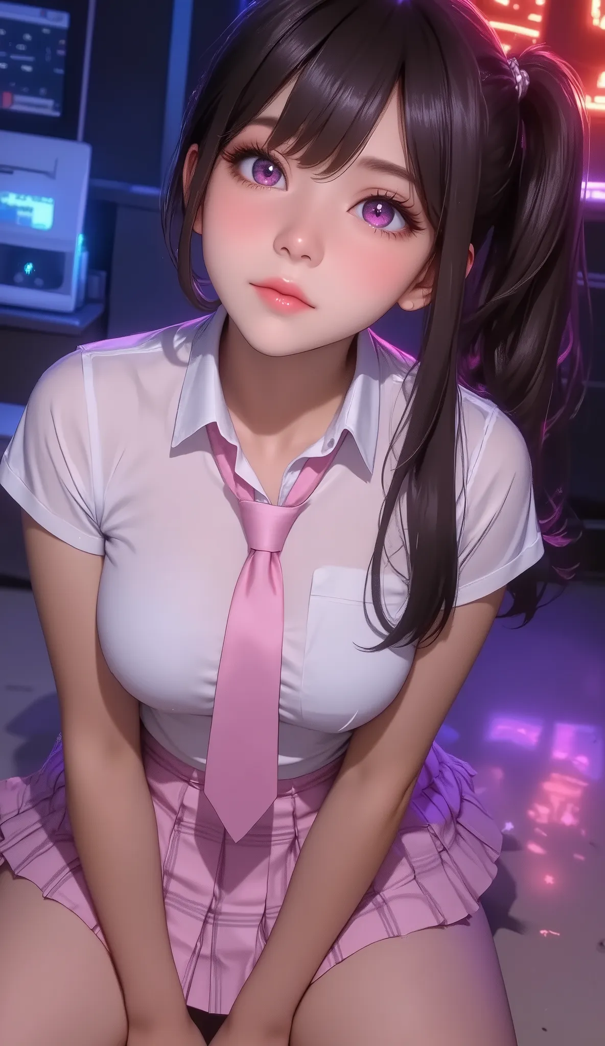 ((Ahegao)), (low lighting), (neon atmosphere), light background, nezuko komado, wearing a ((hoop earrings, college girl (Purple straight long ponytail hair, Princess Updo, HairClips, Hair Ornaments, perfect glowing pink-purple eyes) in uniform, (pink plaid...