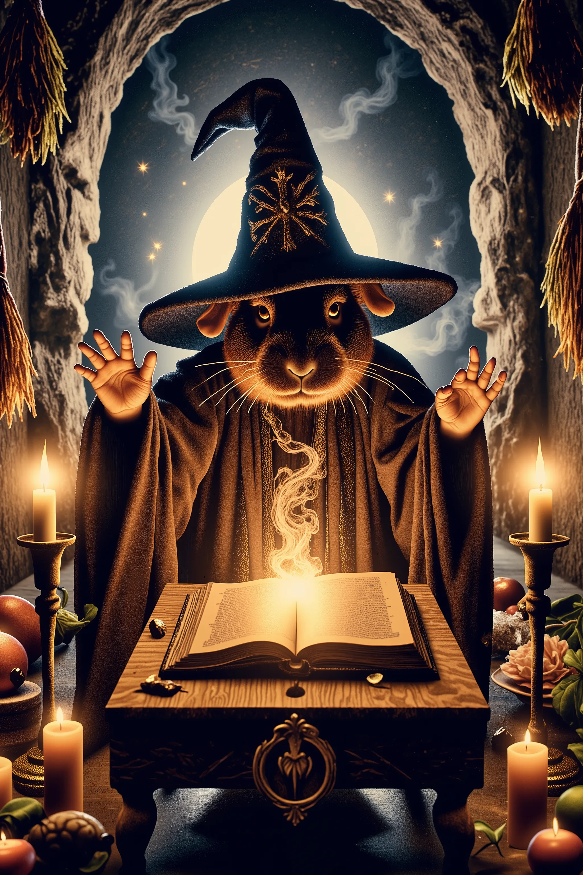 A dark brown guinea pig in a wizard hat raises up aon two legs behind a tiny old wooden table and holds his arms out wide. A dusty ancient medieval book is open on the table and a small shimmering semi-translucent wisp rises up from the book. The candlelit...
