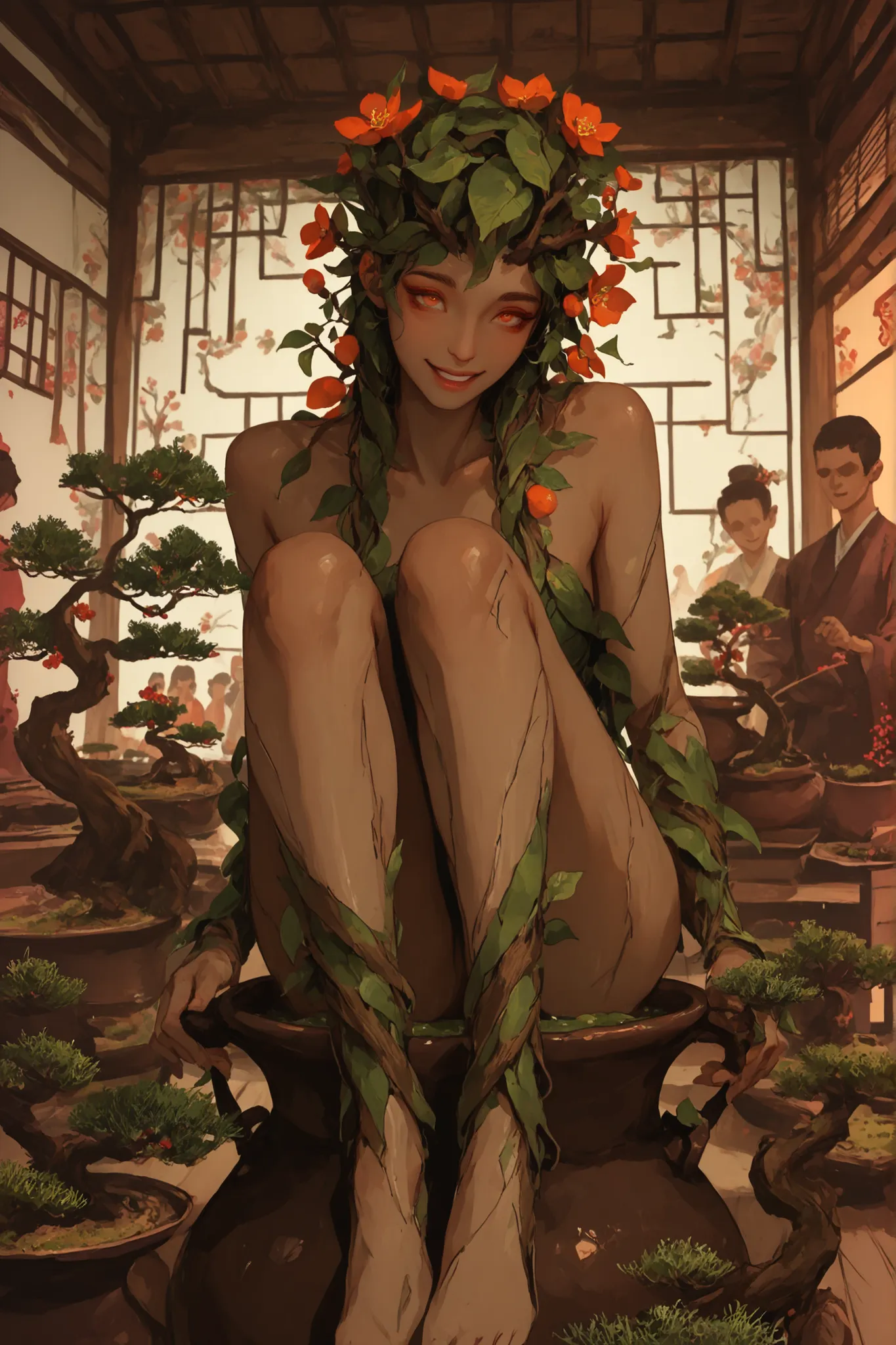 solo focus, female, dryad, plant girl, tiny and delicate, bark skin, wood skin, dark skin, plum blossom bonsai, sitting inside ceramic pot, plum blossoms hair, beautifully painted ceramic pot, root structure artistically twined like a bonsai's base, tiny b...