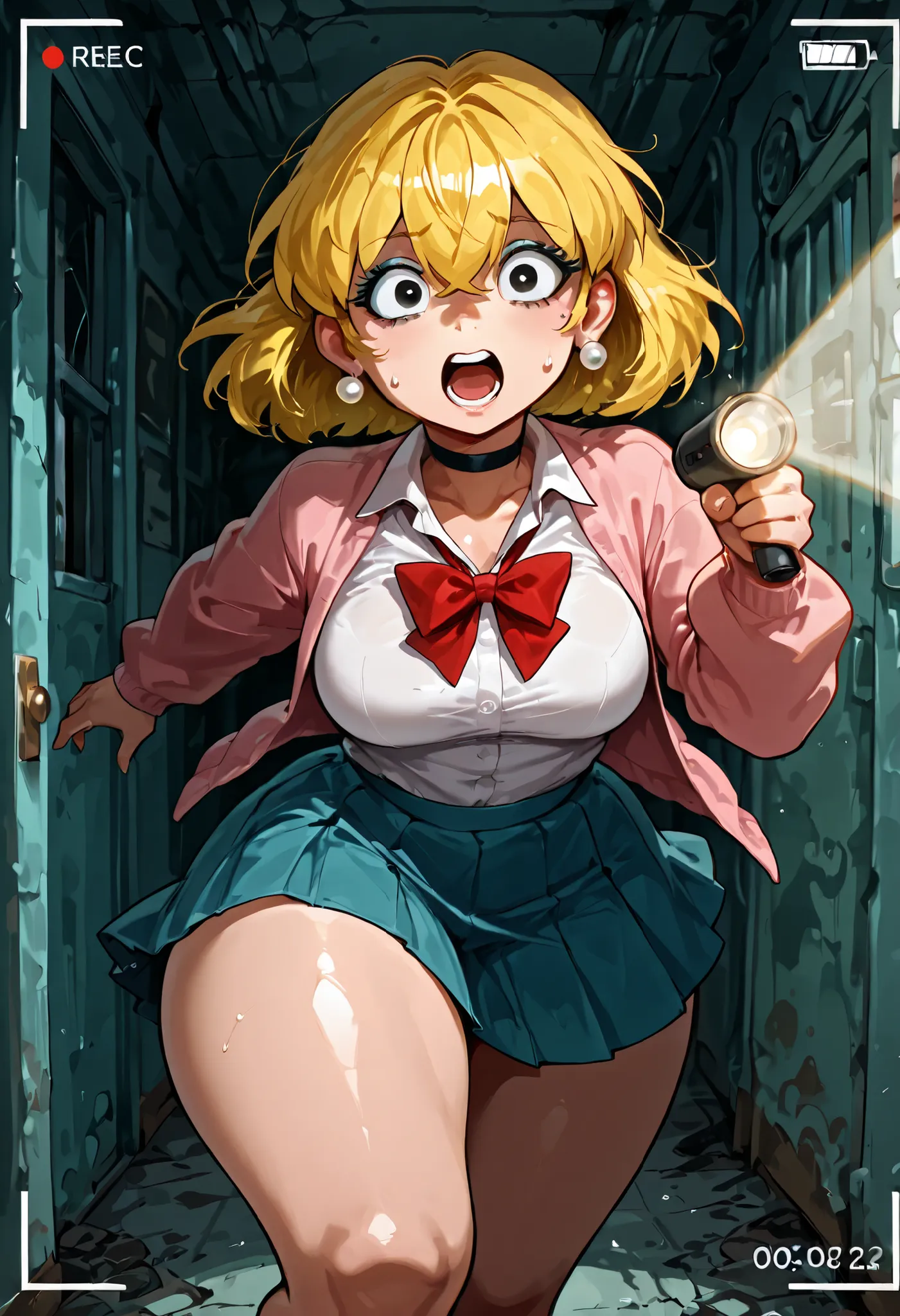 Lori Loud. medium breasts, huge hips, blonde hair, black eyes, blue eyeshadow, pearl earrings, white earrings. choker.| Score 9, Score 8, Score 7, Masterpiece, Superior Quality, Amazing Quality, Masterpiece, Maximum Quality, Ultra-detailed, Alone, White Fr...