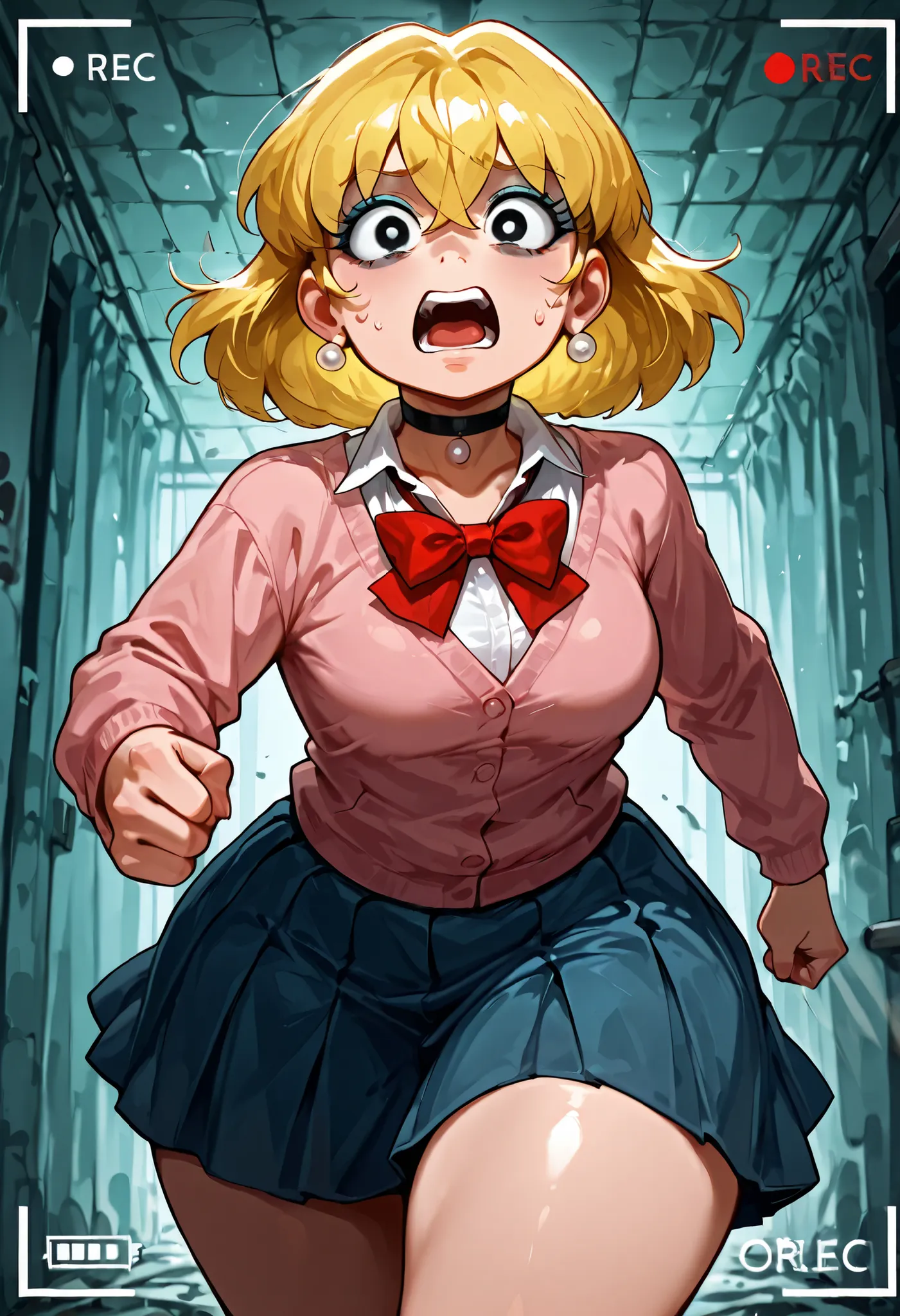 Lori Loud. medium breasts, huge hips, blonde hair, black eyes, blue eyeshadow, pearl earrings, white earrings. choker.| Score 9, Score 8, Score 7, Masterpiece, Superior Quality, Amazing Quality, Masterpiece, Maximum Quality, Ultra-detailed, Alone, White Fr...