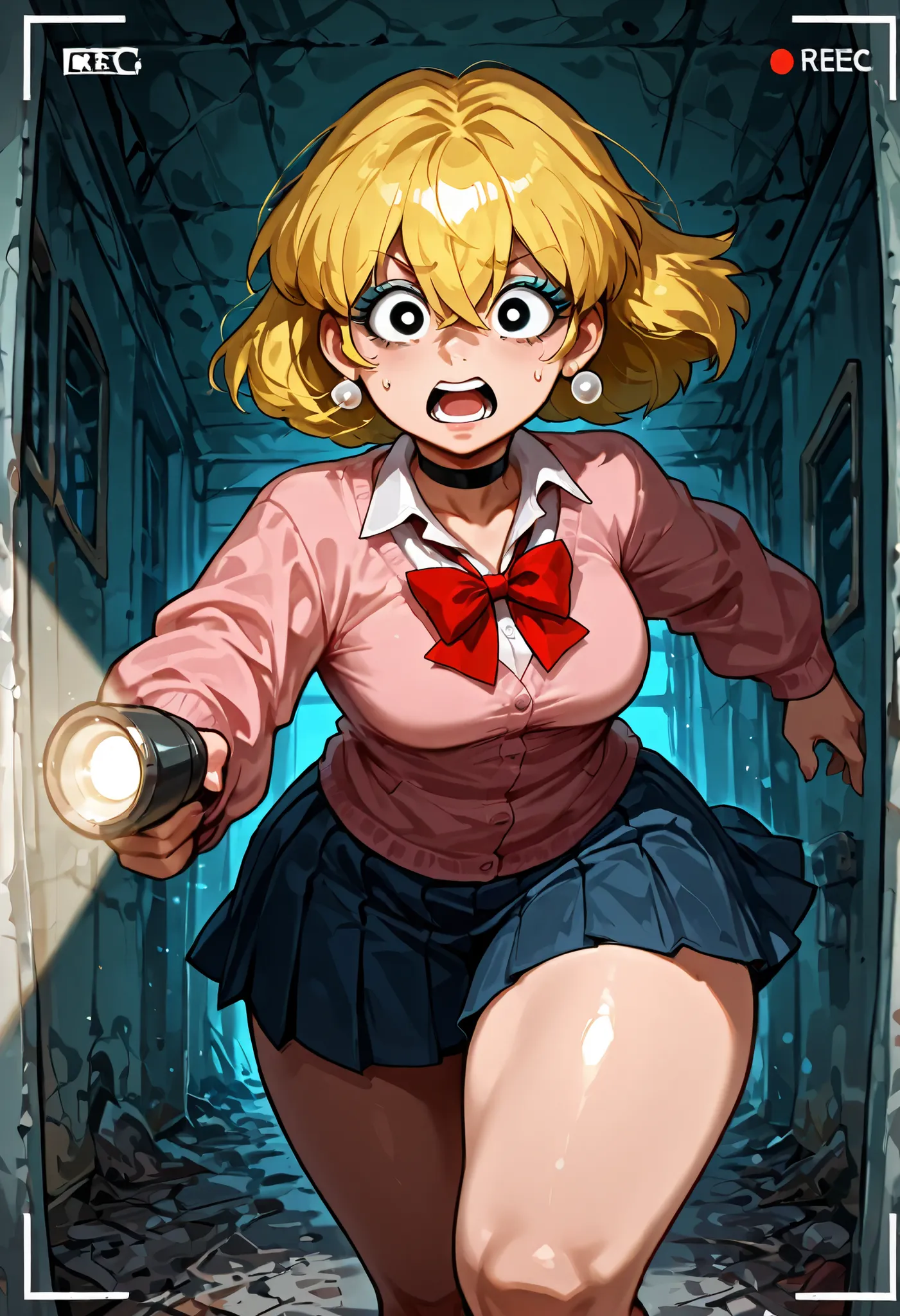 Lori Loud. medium breasts, huge hips, blonde hair, black eyes, blue eyeshadow, pearl earrings, white earrings. choker.| Score 9, Score 8, Score 7, Masterpiece, Superior Quality, Amazing Quality, Masterpiece, Maximum Quality, Ultra-detailed, Alone, White Fr...