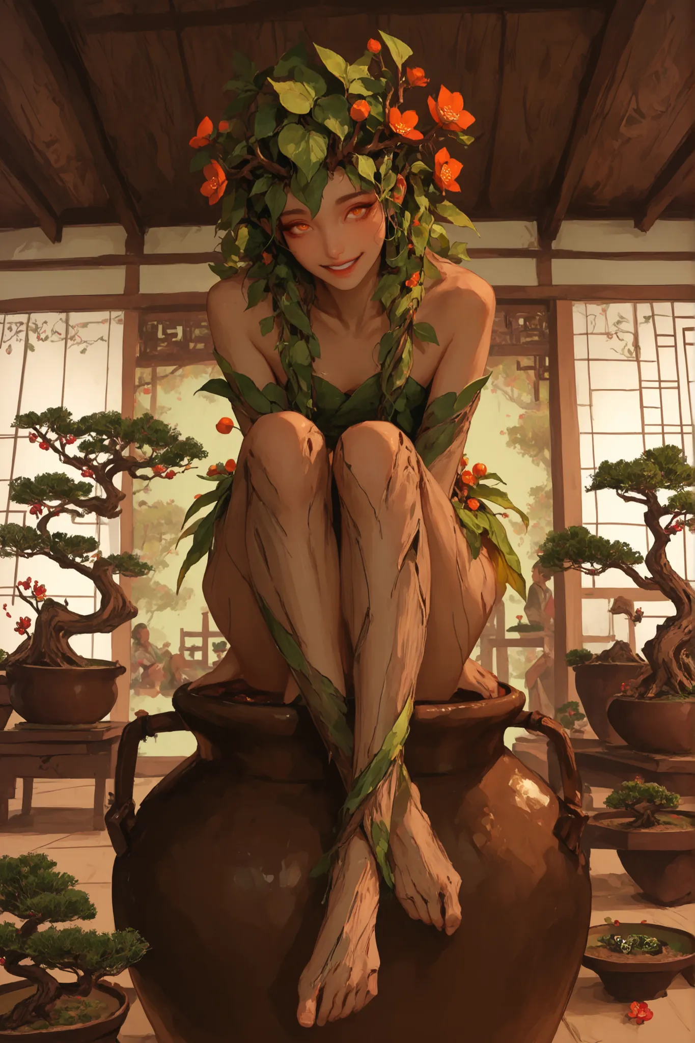 solo focus, female, dryad, plant girl, tiny and delicate, bark skin, wood skin, dark skin, plum blossom bonsai, sitting inside ceramic pot, plum blossoms hair, beautiful ceramic pot, huge flowerpot, root structure artistically twined like a bonsai's base, ...