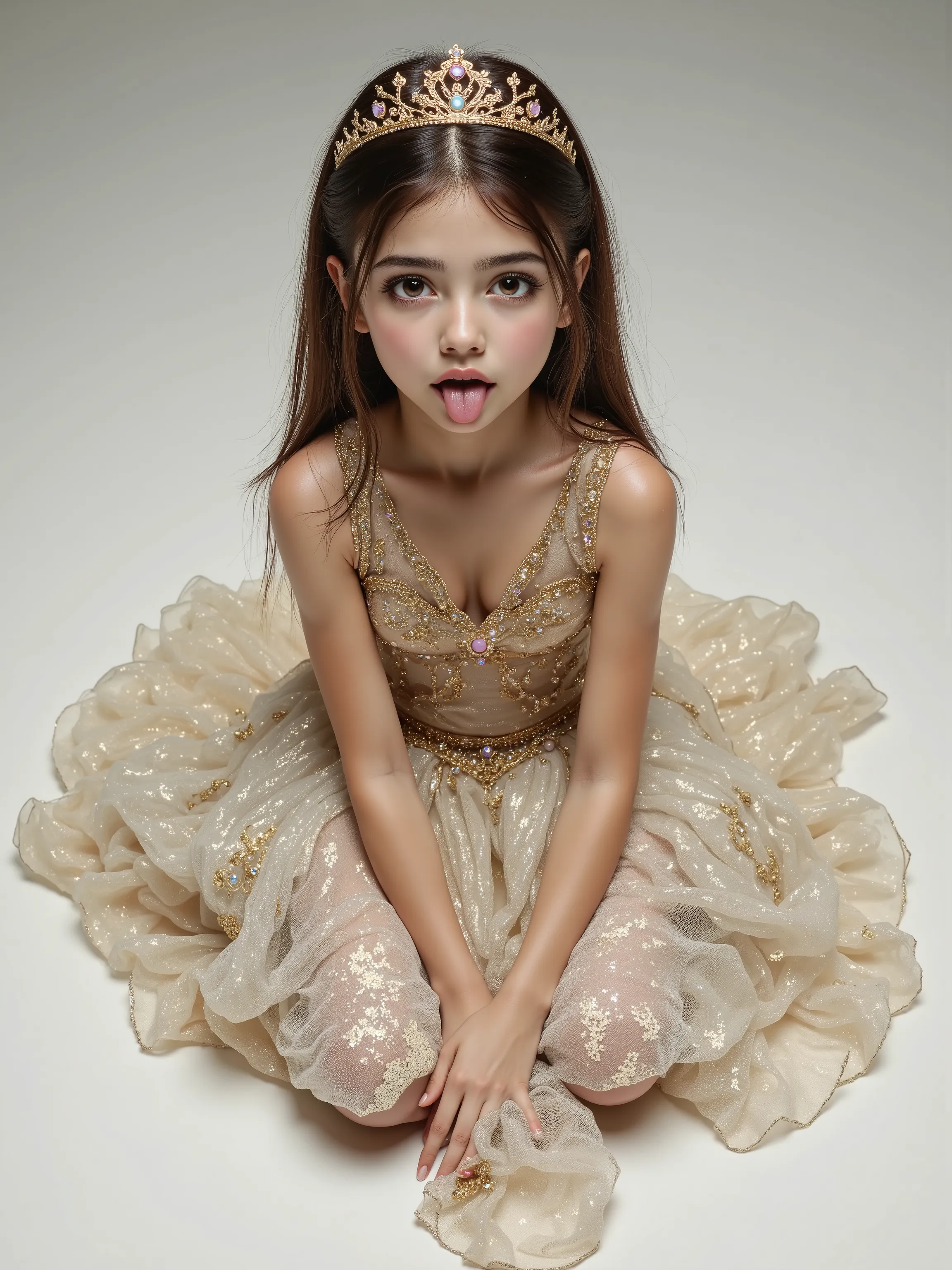(view from above). one girl dressed as a princess kneeling on the floor looking at the viewer with her mouth open and her tongue out, innocent face.