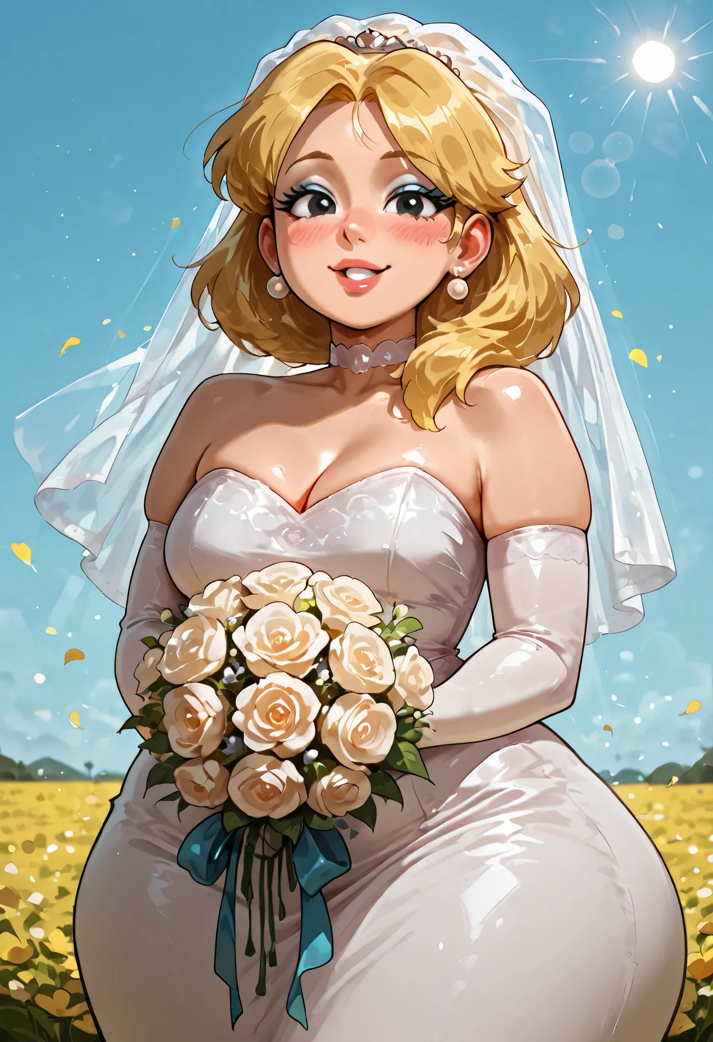 Lori Loud. medium breasts, huge hips, blonde hair, black eyes, blue eyeshadow, pearl earrings, white earrings. choker.| lazypos, 1girl, solo,hair over shoulder, , red earrings, wedding dress, bridal veil, elbow gloves, bokeh, sun, flower petals, blue sky, ...