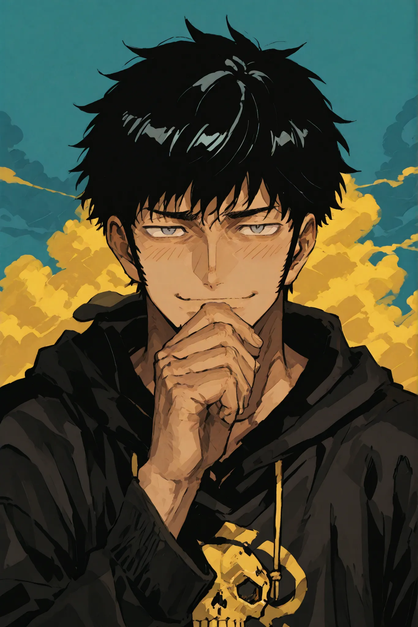 Minimalist lineart wallpaper of the featured character. A 23-year-old man with slightly tanned skin, short black hair with slightly disheveled ends, and softly serious gray eyes. He looks at the viewer with a small, almost embarrassed smile that conveys a ...