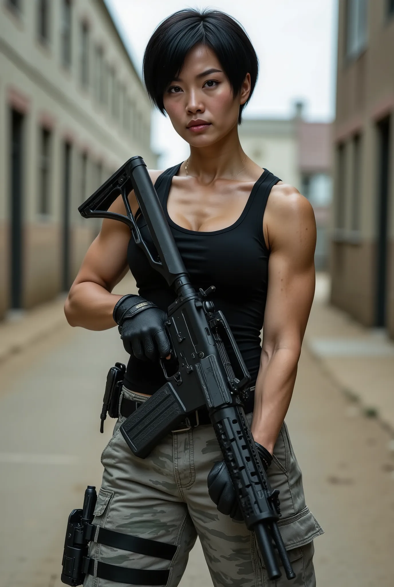 A stunning asian fashion model. She has short black pixie hair. Wearing black tank top, gray camo pants and holding a very large gun. She has a glamorous vibe. She is standing confidently. The image is ultra high-definition with physically based rendering,...