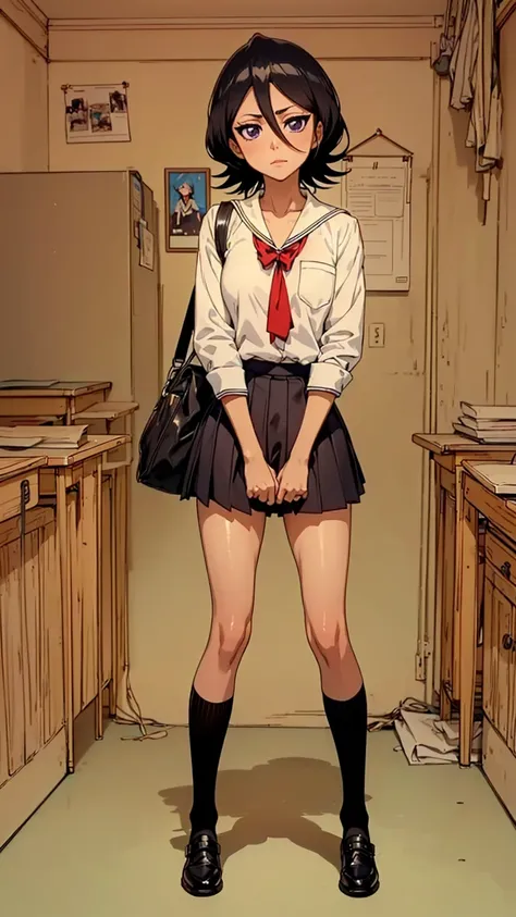 ((shiny eyes, 1girl, milf, standing, sexy pose, ((rukia, short hair, black hair, dark purple eyes, small bust, small breasts)), perfect face, sharp focus, professional artwork, intricate details)), ((fitness,, shapely body, athletic body, toned body)),, ((Cute High School Girl, full body, gyaru, gal schoolgirl, flat chest, sailor school uniform smug, beg, class room))