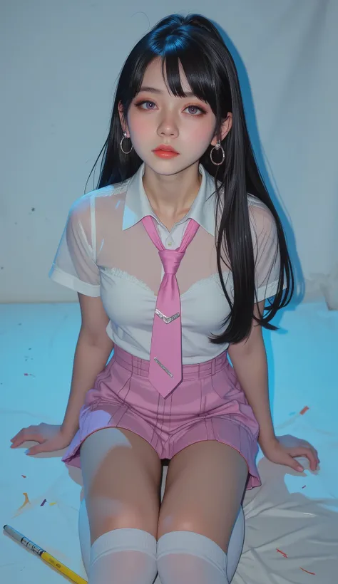 ((Ahegao)), (low lighting), (neon atmosphere), light background, nezuko komado, wearing a ((hoop earrings, college girl (Purple straight long ponytail hair, Princess Updo, HairClips, Hair Ornaments, perfect glowing pink-purple eyes) in uniform, (pink plaid...
