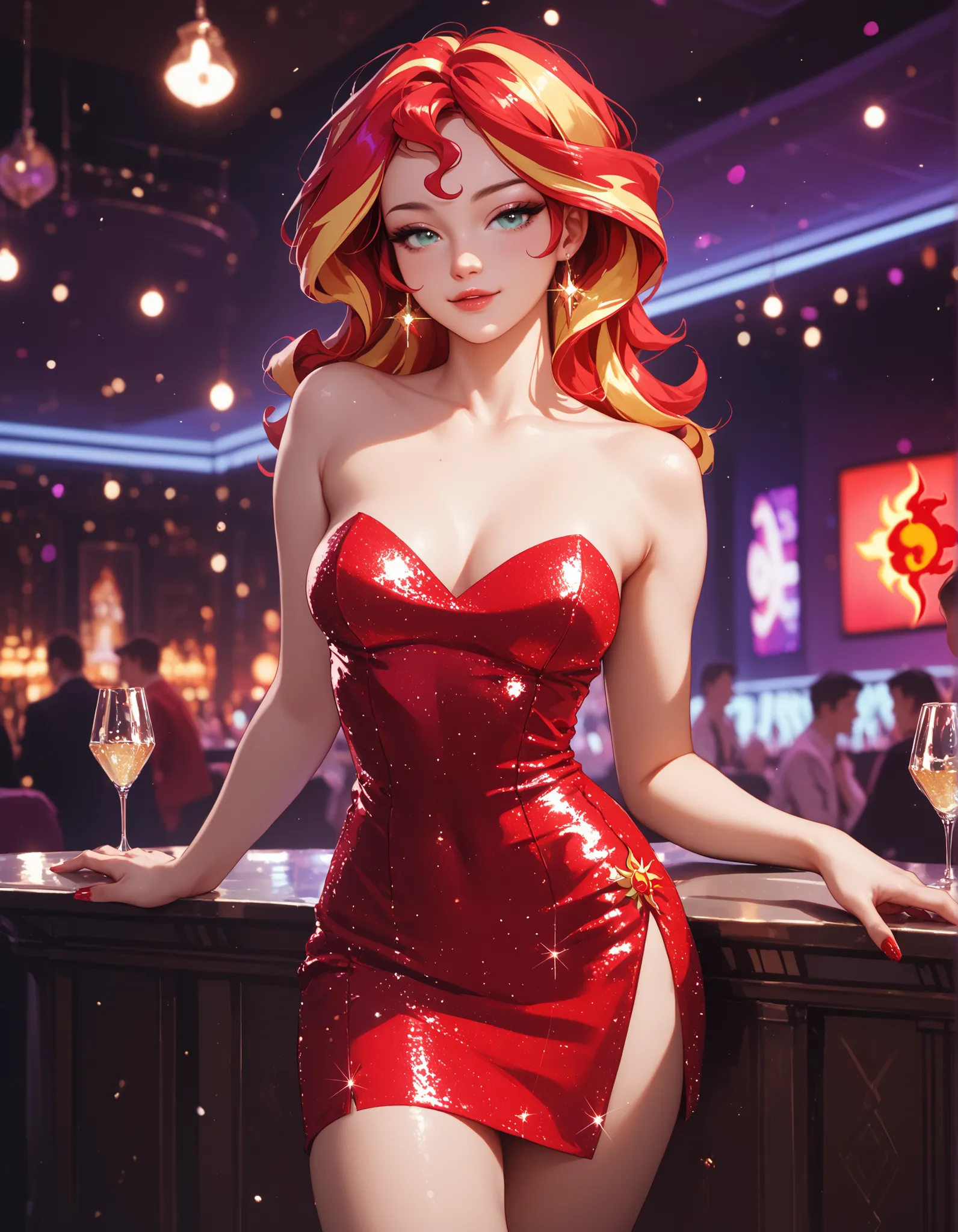 Sunset shimmer, very detailed, bedroom eyes, medium breasts, wearing a glittery red dress, strapless dress, short dress, in a nightclub, very detailed, masterpiece