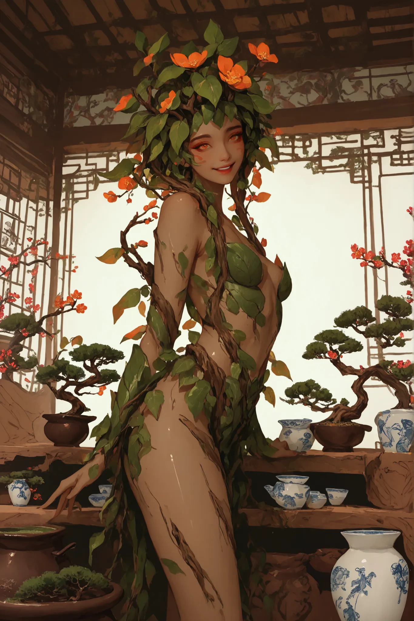 solo focus, female, dryad, plant girl, tiny and delicate, bark skin, wood skin:1.7, dark skin, plum blossom bonsai, standing inside ceramic pot, plum blossoms hair, beautiful porcelain pot, huge flowerpot, root structure artistically twined like a bonsai's...