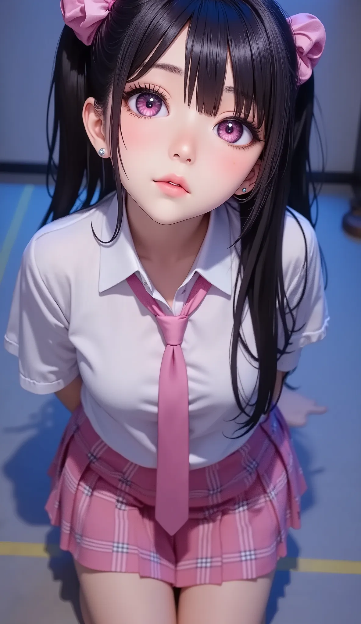 ((Ahegao)), (low lighting), (neon atmosphere), light background, nezuko komado, wearing a ((hoop earrings, college girl (Purple straight long ponytail hair, Princess Updo, HairClips, Hair Ornaments, perfect glowing pink-purple eyes) in uniform, (pink plaid...