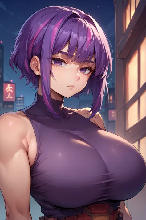 score_9, score_8_up, score_7_up, score_6_up, source_anime, BREAK 1girl, solo, makima, purple hair, streaked hair, short hair, purple eyes, purple dress, belt, sleeveless, (huge breasts:0.7), looking at you, expressionless, night, city, upper body