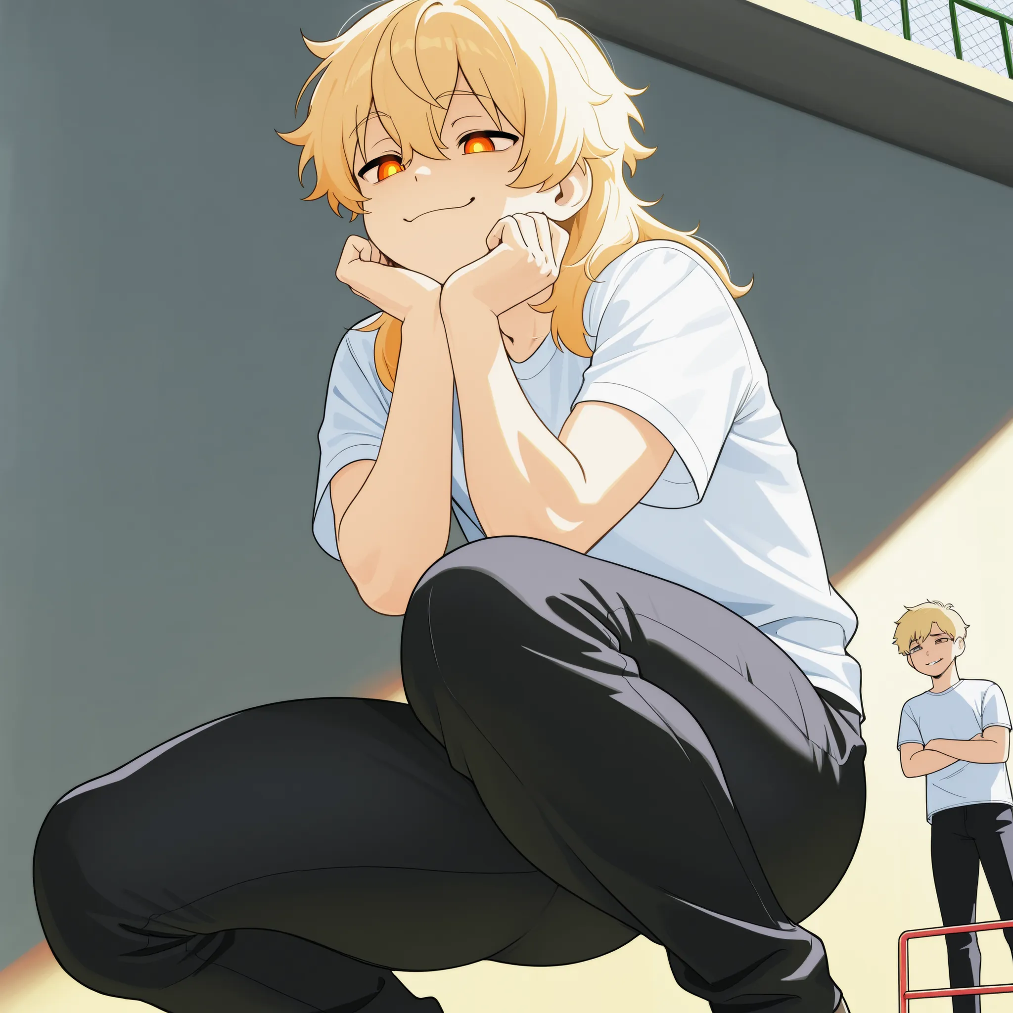 Just a boy, Effeminate boy, short blonde hair down to the neck, Smug faces, mocking and conceited look, orange pupils, white shirt with short sleeves, short black pants, medium butt, thick thighs, squatting looking down, hands closed on his chin, Backgroun...
