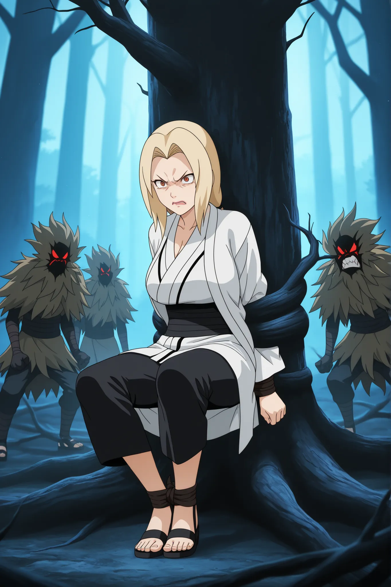 (masterpiece, best quality, anime style, ultra detailed, 8k, Tsunade Senju held by dark tree roots, wrists and ankles tied tightly against large twisted tree trunk, mature woman with long blonde hair, wearing short white kimono, black shinobi pants, open b...