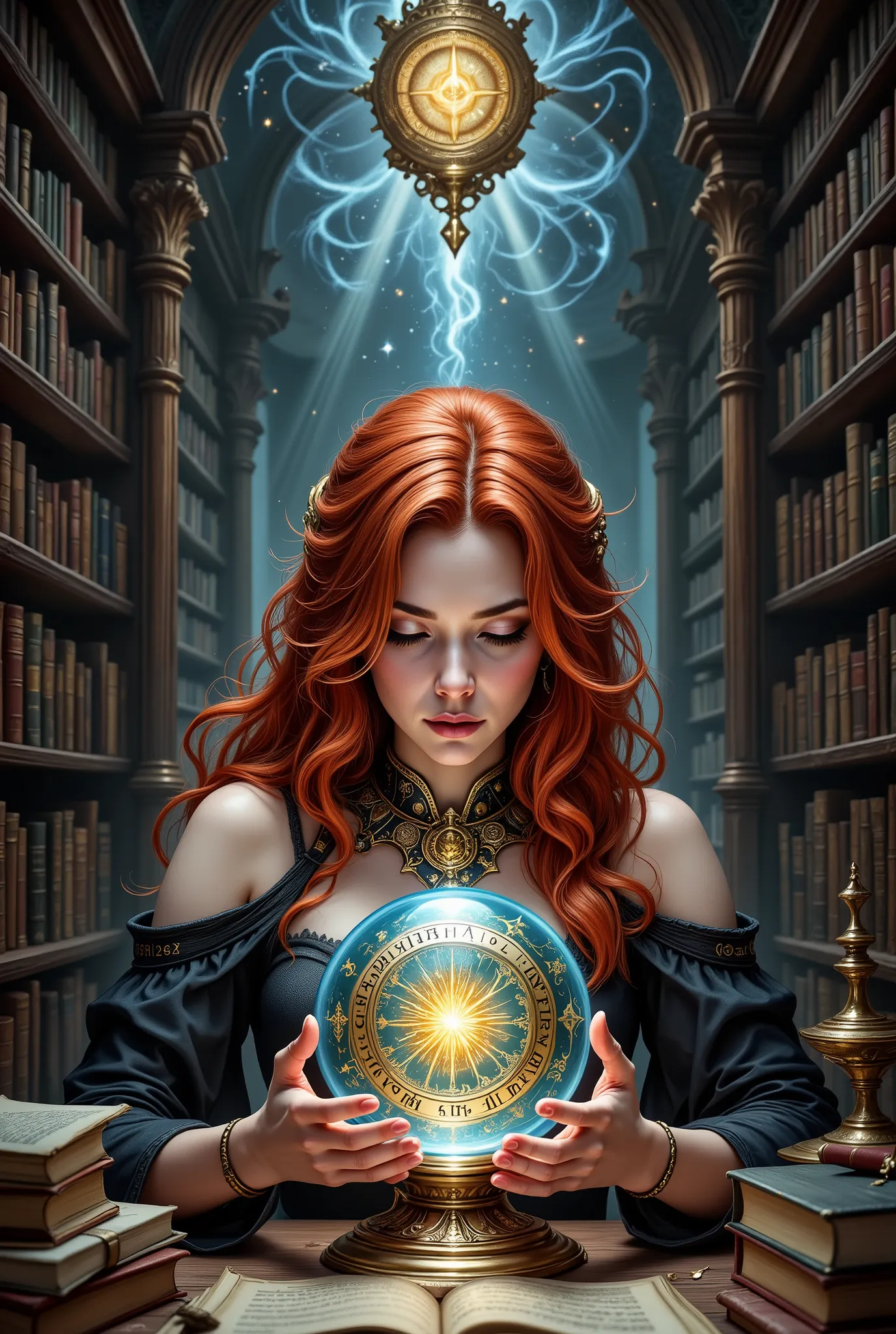 a picture of a human sorceress sittings in her magical lab, divining distant places in her crystal ball, epic beautiful human woman (best details, Masterpiece, best quality), ultra detailed face (best details, Masterpiece, best quality), red hair, short ha...