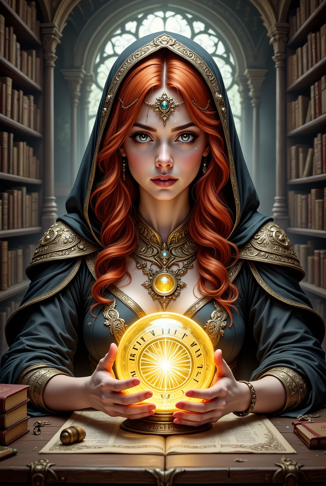 a picture of a human sorceress sittings in her magical lab, divining distant places in her crystal ball, epic beautiful human woman (best details, Masterpiece, best quality), ultra detailed face (best details, Masterpiece, best quality), red hair, short ha...