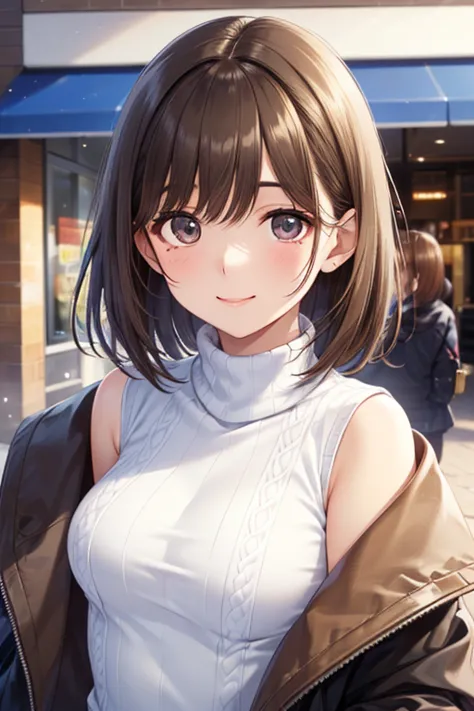masterpiece、 high definition、 high definition、 high definition、  female、Very close、(( depicts only the upper body  ))、(( brown hair 、 short hair))、 kind smile 、 smiling with her mouth open、((on a white turtleneck sweater、Wear a nice coat for women))、Weekend street corner、shopping mall looking sideways and smiling


,( masterpiece, best quality, high resolution, ultra high resolution, pixel perfect, depth of field, 4K, RTTX10.0),
、Anegasaki Nene, shiny brown hair, beautiful brown eyes, smiling face, sparkling pupils, (fine grain), , highly detailed face,, (masterpiece:1.2, best quality), ((only1 girl)), ((cowboy shot))