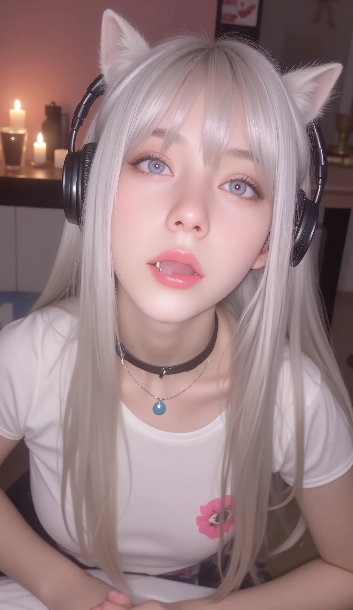 1 girl, sexy 18 year old girl , girl with long white hair, pink eyes, futuristic vibes, cat headphones, 8k, high quality, simple background, glowing eyes, nice pose , pigtails, beautiful face, gorgeous, beautiful, beautiful, beautiful face, pale skin, part...