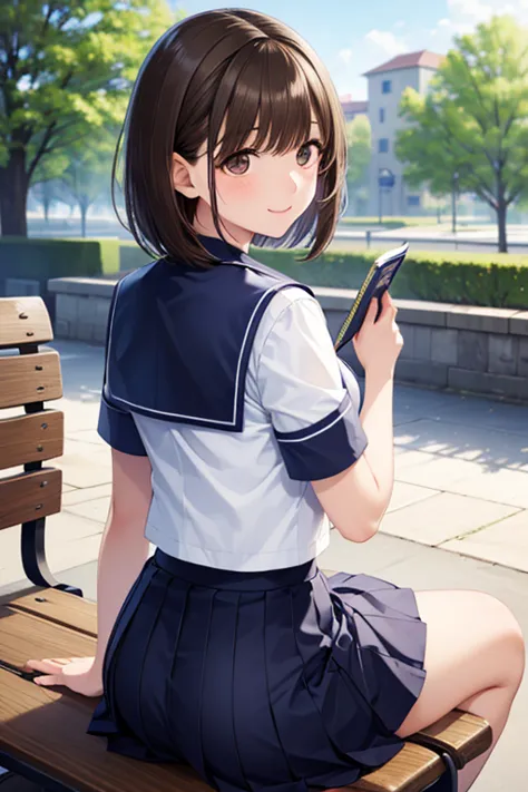 1 girl, Medium Hair, black hair, brown eyes in the bedroom, bob cut, high school girl, Short sleeve sailor uniform, navy sailor color, navy pleated skirt with back hair pinned, , Park, sit on a bench, Soft Breeze, Reading a poem, Feeling the love  , cat, anime style, high image quality, uncensored, masterpiece, 


,( masterpiece, best quality, high resolution, ultra high resolution, pixel perfect, depth of field, 4K, RTTX10.0),
、Anegasaki Nene, shiny brown hair, beautiful brown eyes, smiling face, sparkling pupils, (fine grain), , highly detailed face,, (masterpiece:1.2, best quality), ((only1 girl)), ((cowboy shot))