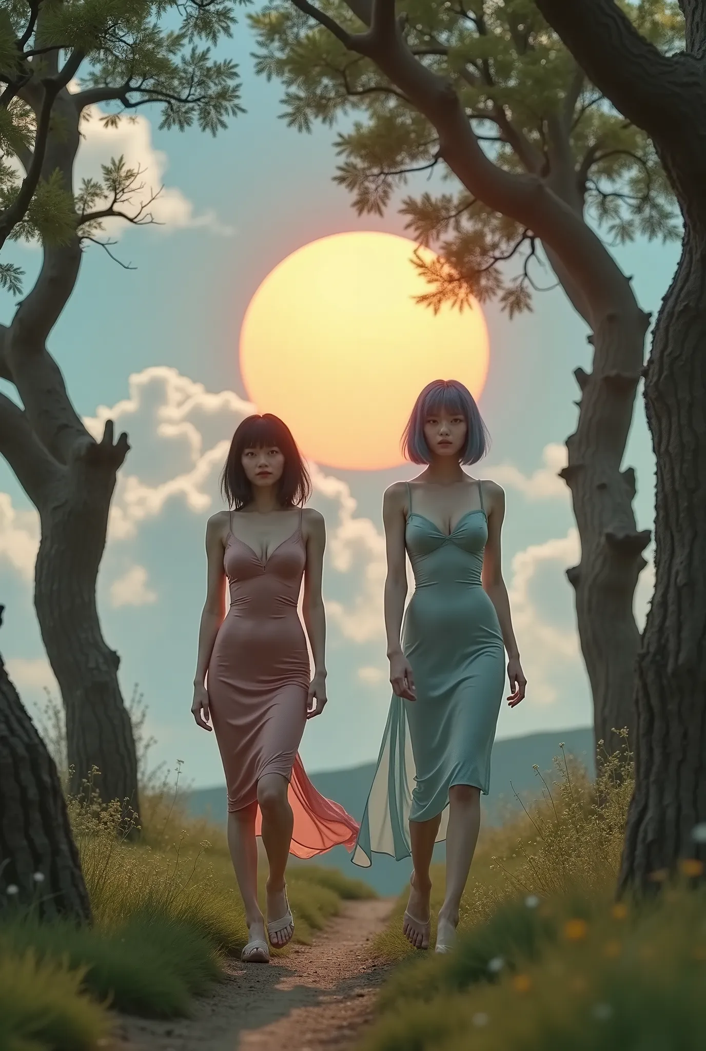 ((RAW Photo), Absurds, (Absurd Resolution)), ((Hyperrealism, Photorealistic)), (women walking through a forest), (wearing fine Asian silk dresses), (a hot and windy afternoon), twisted trees, ((Background: gigantic sun between the clouds)), (Photographic P...