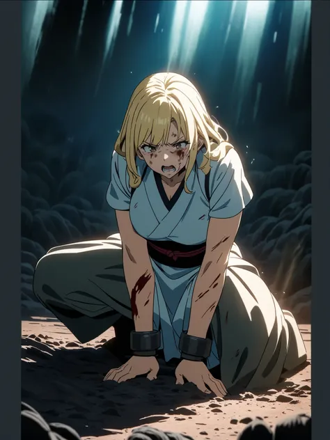 (masterpiece, best quality, anime style, ultra detailed, 8k, mature woman with long yellowish blonde hair and brown eyes, visibly injured and bruised, kneeling on the ground, breathing heavily, surrounded by dark energy, blood on her face and arms, clothin...