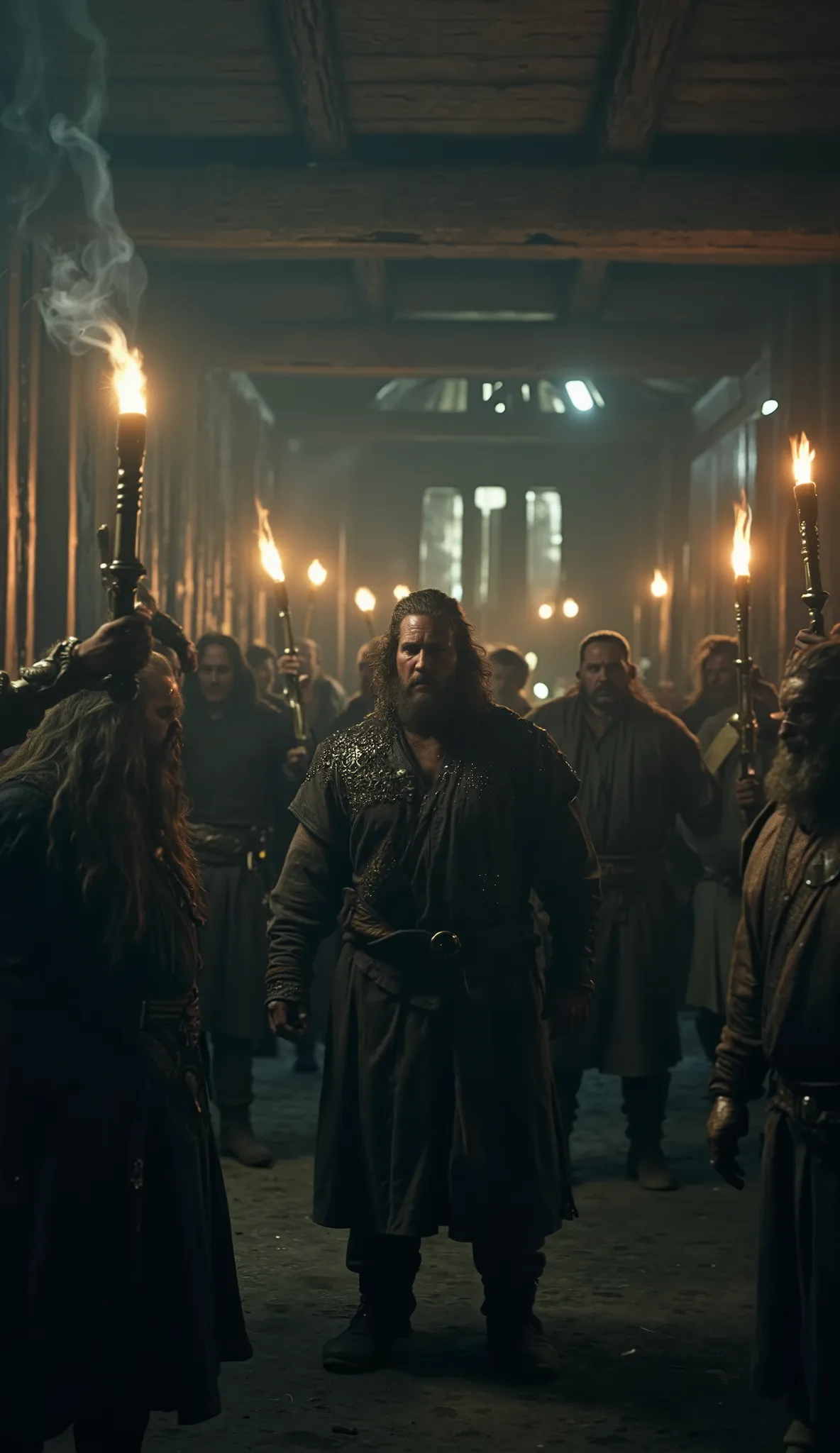A shadowy Viking longhouse interior, dimly lit by flickering torches, with a group of warriors raising drinking horns in unison, their faces solemn and determined, smoke swirling above.