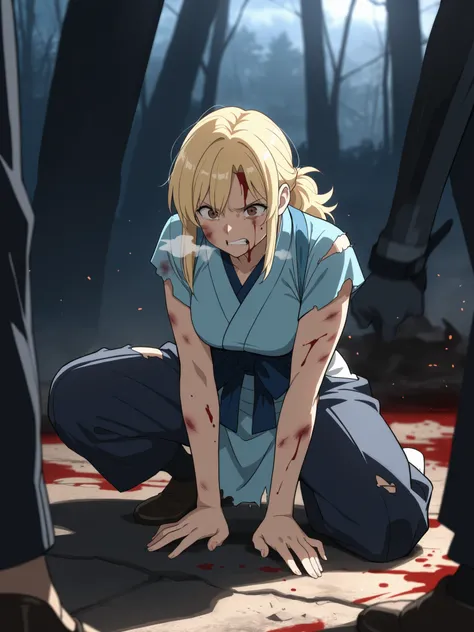 (masterpiece, best quality, anime style, ultra detailed, 8k, mature woman with long yellowish blonde hair and brown eyes, visibly injured and bruised, kneeling on the ground, breathing heavily, blood on her face and arms, torn and damaged clothing, hands c...