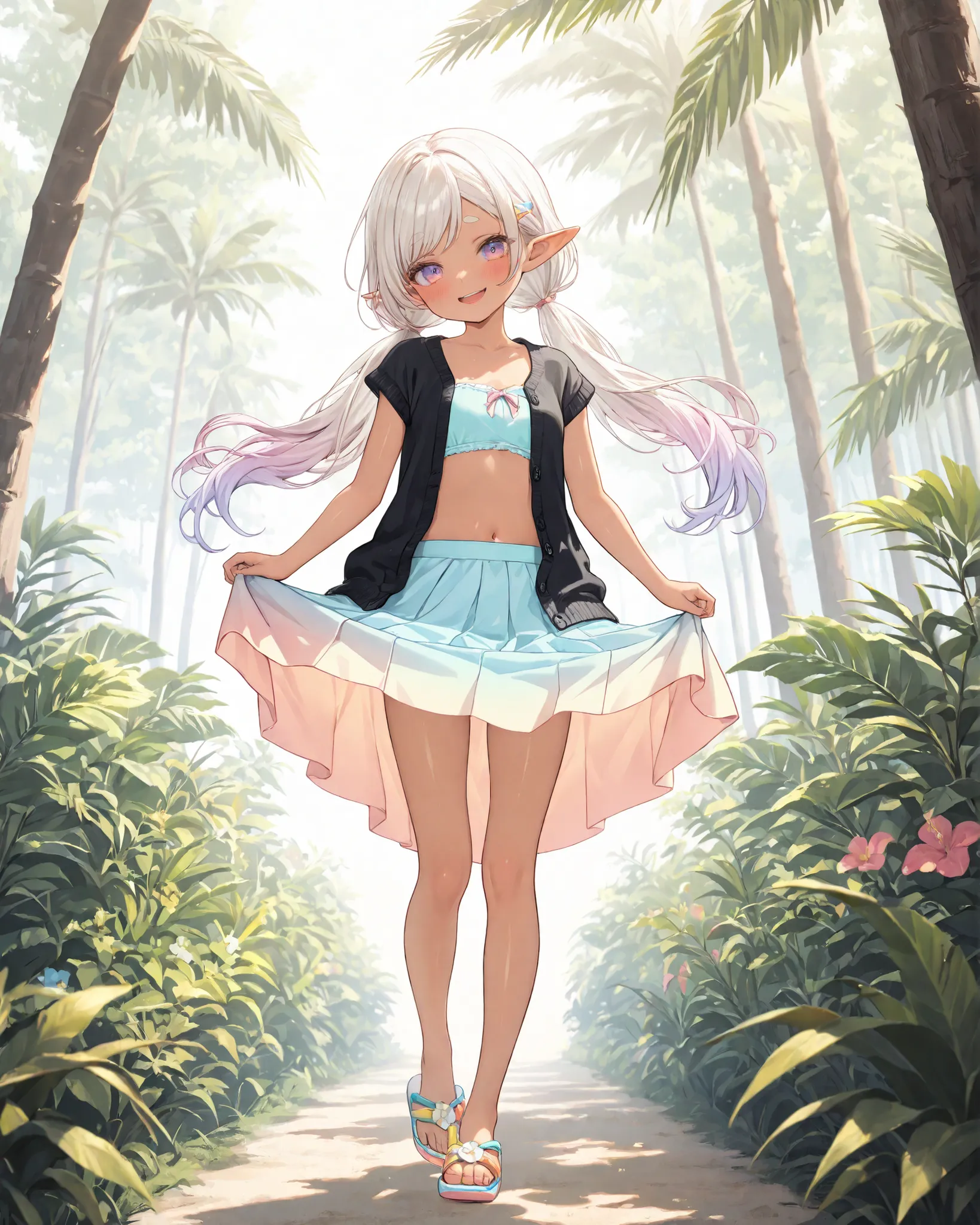((Masterpiece)), ((best quality, very aesthetic, absurdres, newest)), (wide shot), (8K), (cinematic lighting), ((1girl)), (cute young girl), (Healthy body, Textured skin, small breast, tilt head), elf ears, Glossy unruly hair, (platinum-gold hair, gradient...