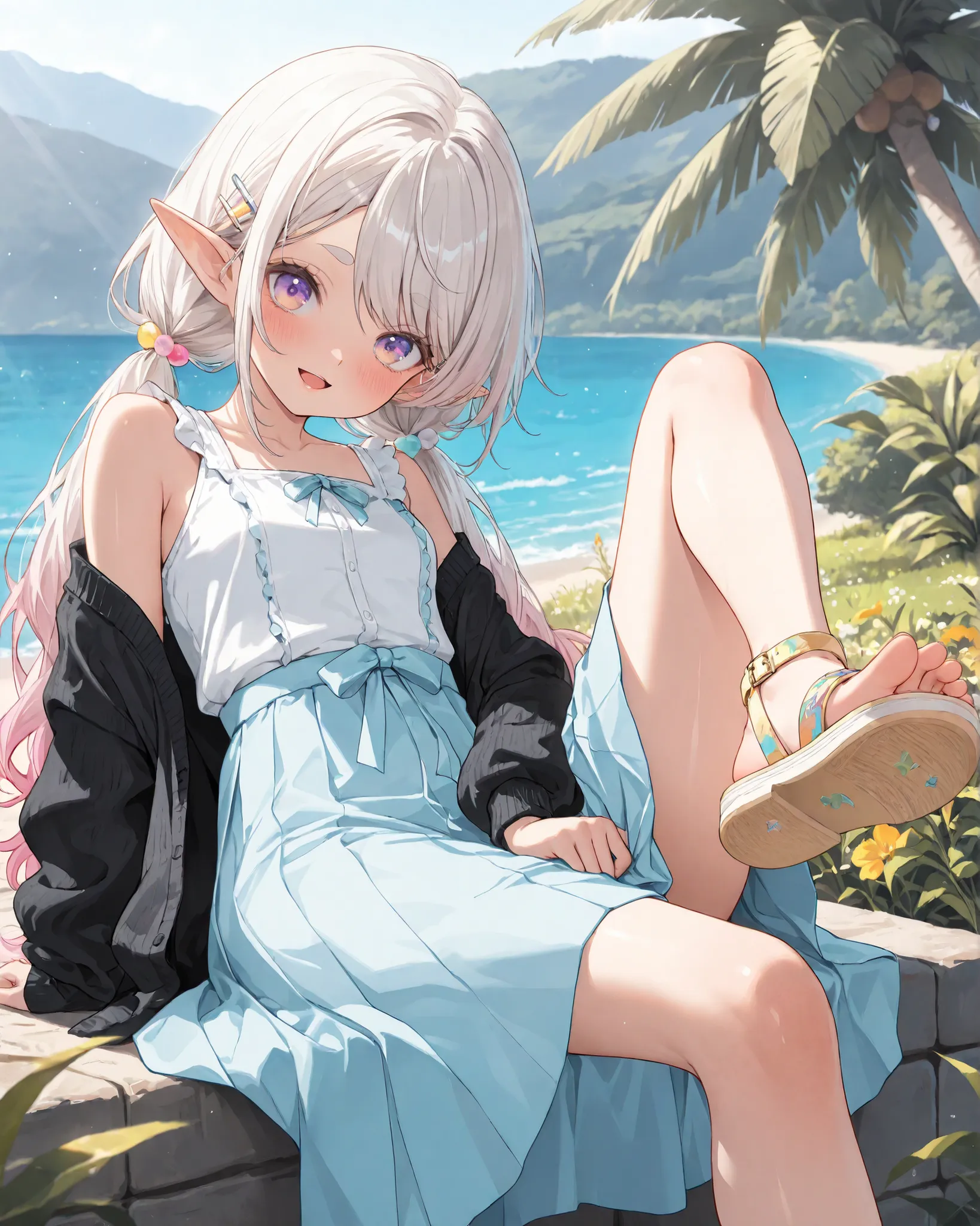 ((Masterpiece)), ((best quality, very aesthetic, absurdres, newest)), (8K), (cinematic lighting), ((1girl)), (cute young girl), (Healthy body, Textured skin, small breast, tilt head), elf ears, Glossy unruly hair, (platinum-gold hair, gradient hair, Pastel...