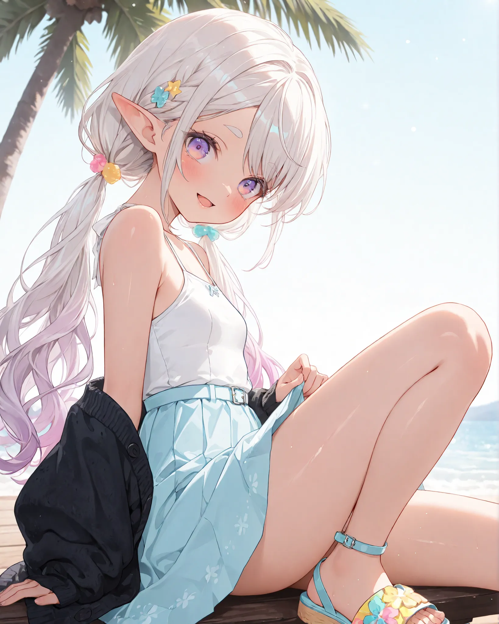 ((Masterpiece)), ((best quality, very aesthetic, absurdres, newest)), (from side), (8K), (cinematic lighting), ((1girl)), (cute young girl), (Healthy body, Textured skin, small breast, tilt head), elf ears, Glossy unruly hair, (platinum-gold hair, gradient...