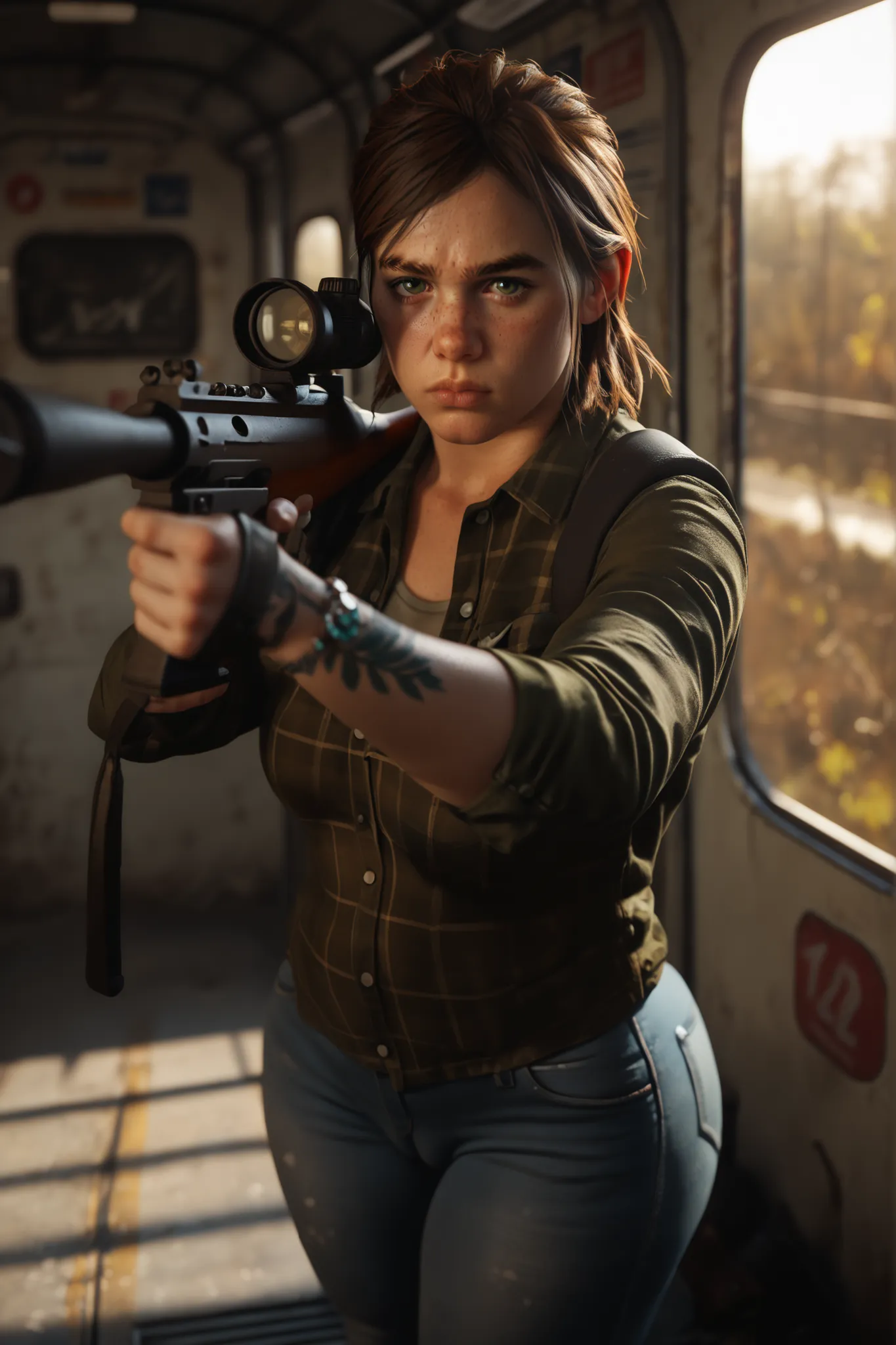  score_9, score_8_up, score_7_up, score_6_up, TLOU2Ellie, 1girl, brown hair, green eyes, looking at viewer, angry, frown, agressive, serious, full body, subway tunnel, apocaliptic, moss, concrete, pointing rifle to viewer, tight jeans, cameltoe, tight shir...