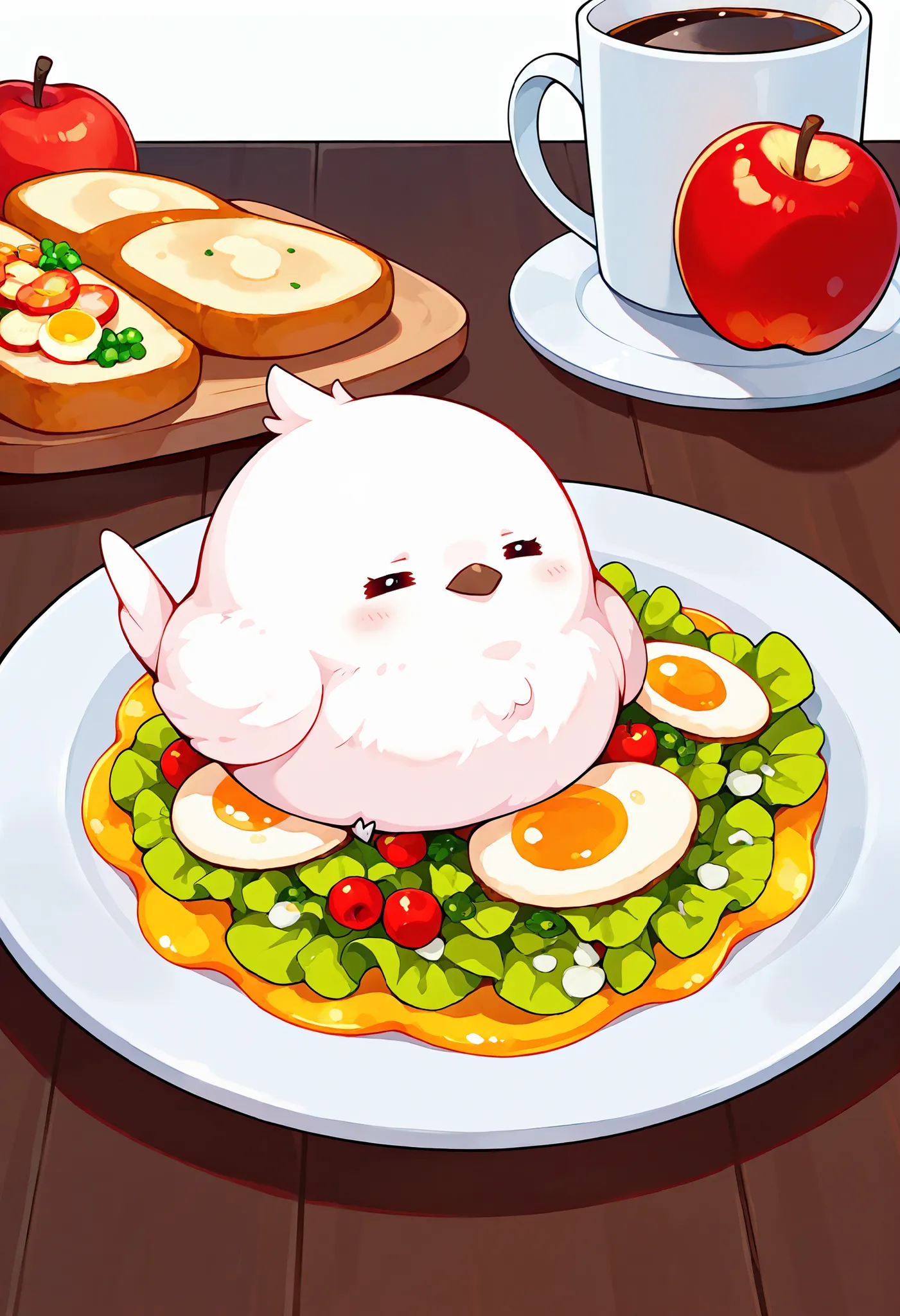 Masterpiece,Best quality, ultra detailed,Japanese Anime style, (pure white sparrow mascot) , round body, fluffy body,simple face, cute appearance, Morning set, breakfast, wheat bread, apple, bean salad, coffee,