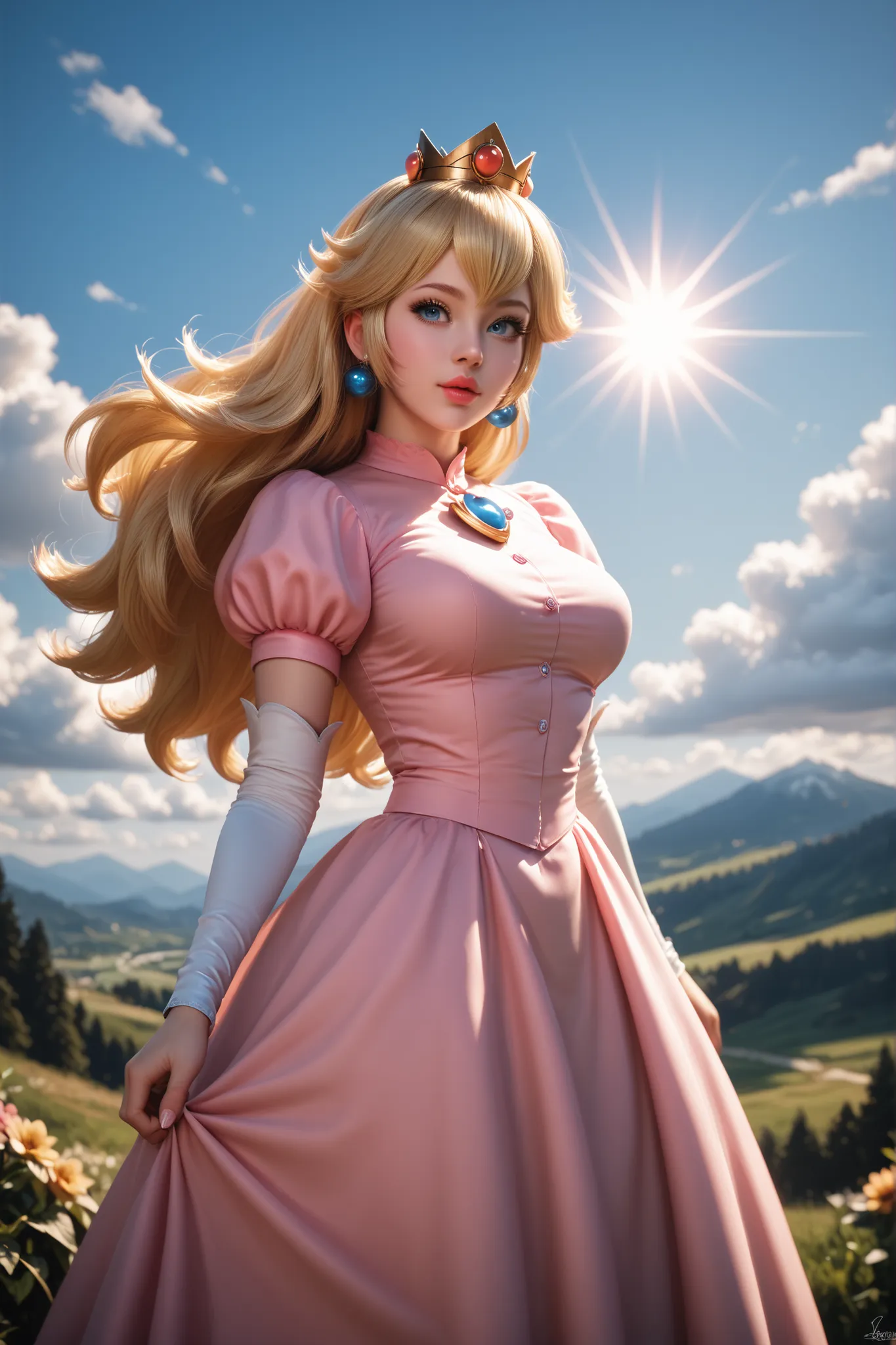 Princess Peach cosplay, Tall blonde girl, big blue eyes, landscape background Swiss mountains, Backlighting, sun clouds deep blue sky, professional cinematic photography high detail texture, coherence lights shadows high quality, Well done limbs