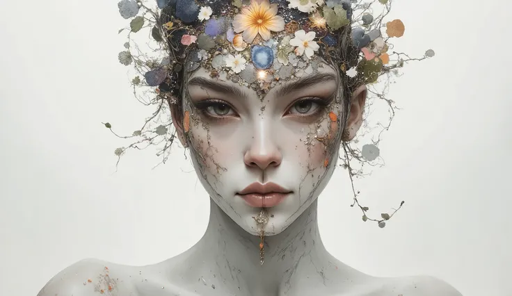 imagine a surreal portrait of a woman whose face is a mosaic of various textures and materials, including flowers, fiery opals, and leafs and branchs. She stands in a minimalist white room, with a single beam of light illuminating her face. Her expression ...