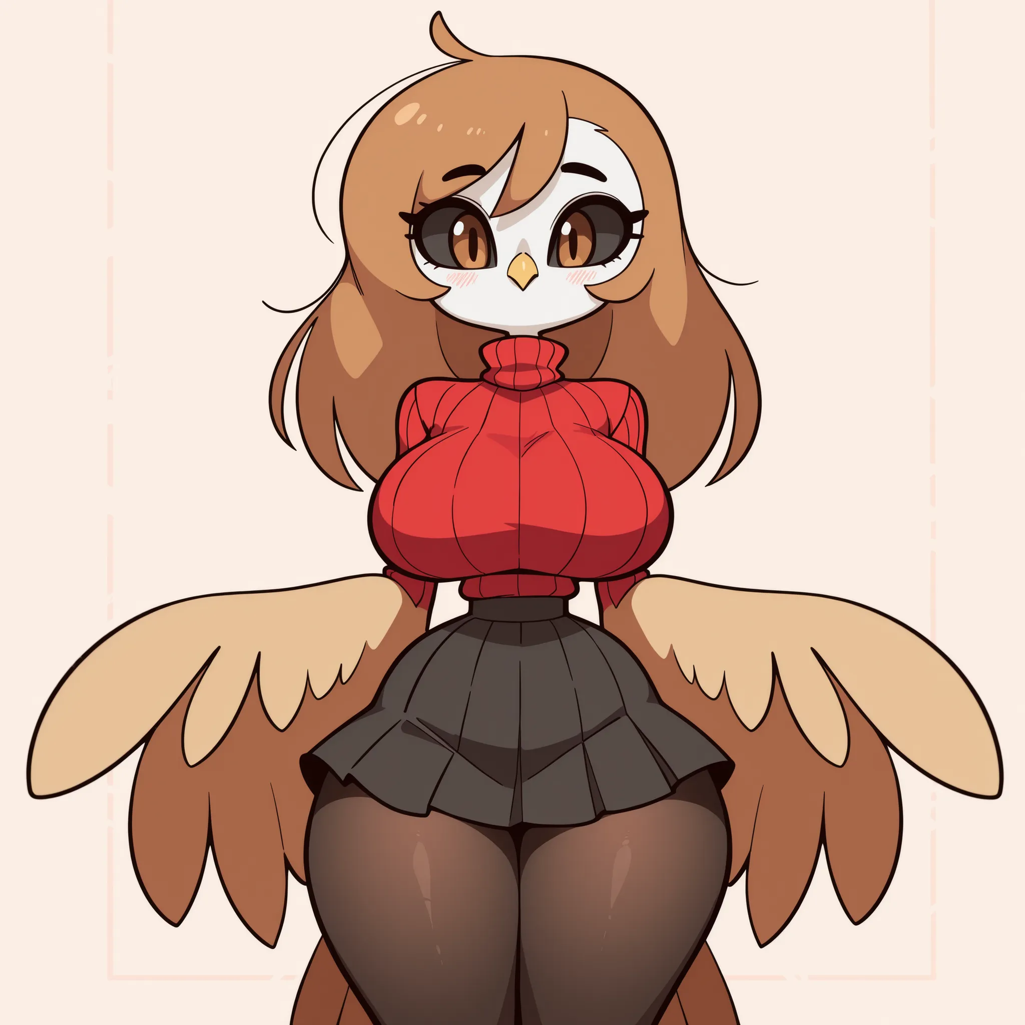 masterpiece, best quality, amazing quality, very aesthetic, absurdres, high res, shiny skin, diives, 1girl, anthro furry, barn owl, solo, very long brown hair, black sclera, brown eyes, big breasts, narrow waist, wide hips, thick thighs, slim, barn owl win...