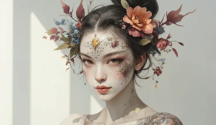 imagine a surreal portrait of a woman whose face is a mosaic of various textures and materials, including flowers, fiery opals, and leafs and branchs. She stands in a minimalist white room, with a single beam of light illuminating her face. Her expression ...