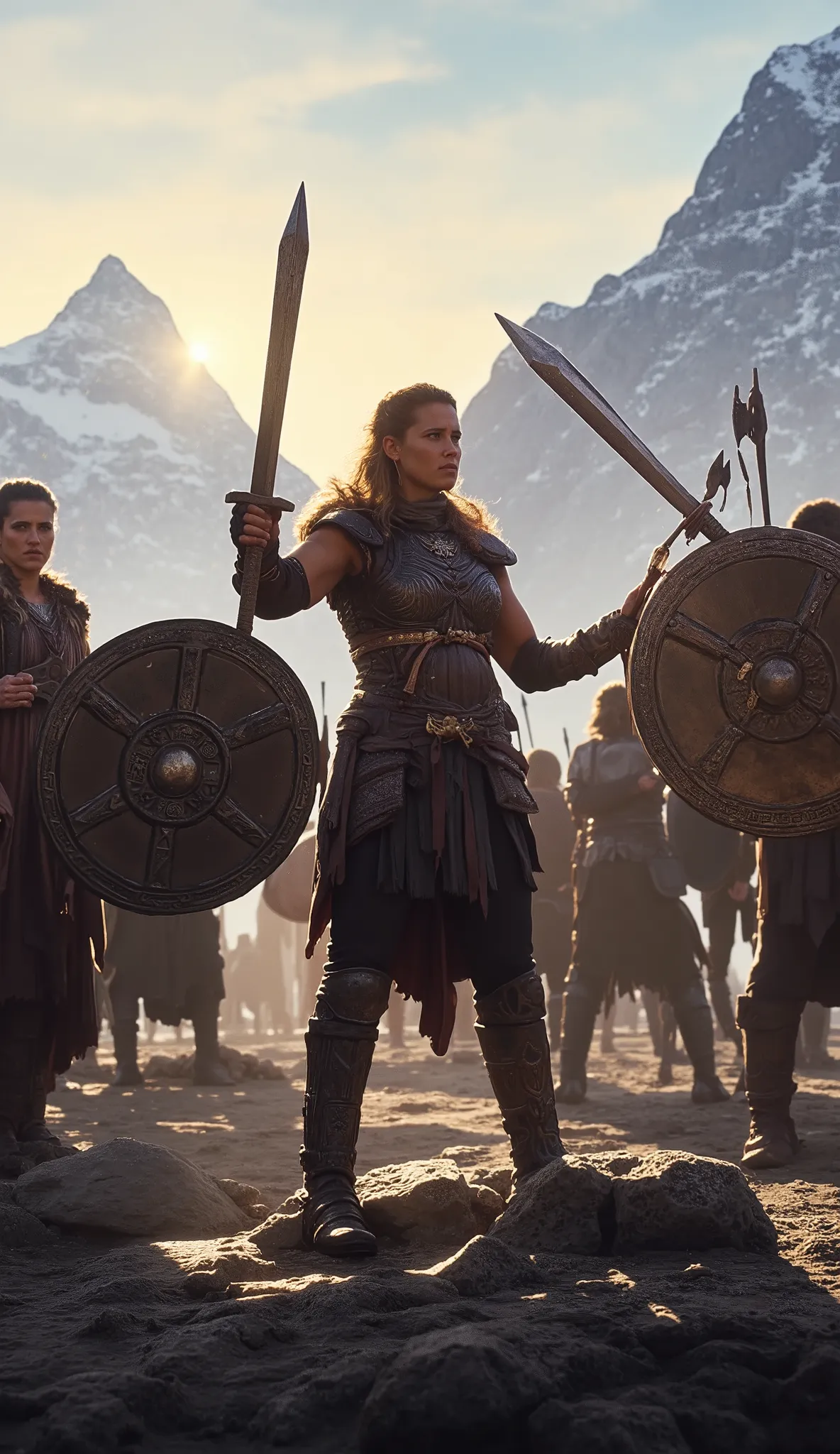 Shieldmaidens donning armor and weapons, preparing for battle with determination, set against a backdrop of a rising sun over the mountains.