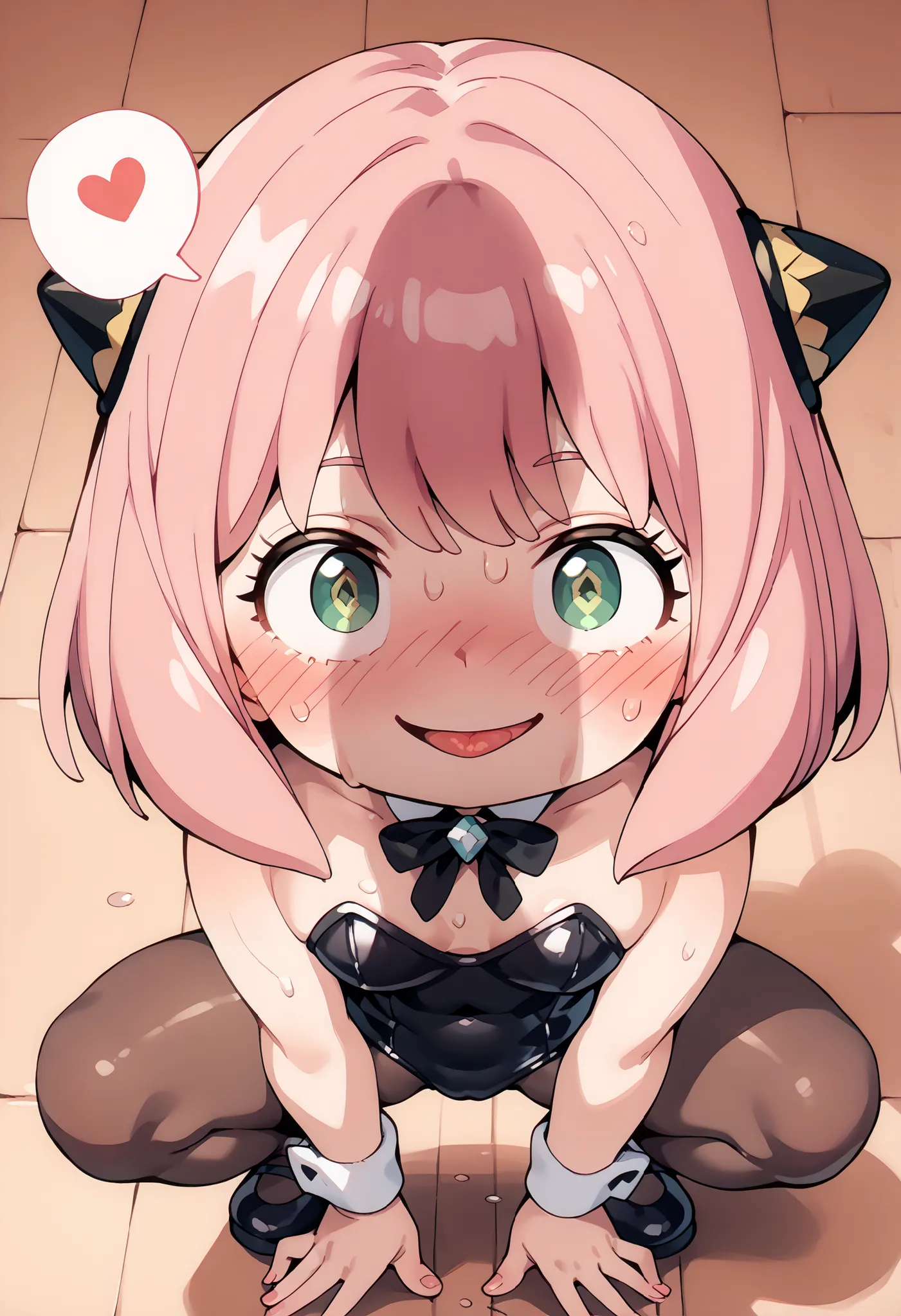 (From above),looking up, Anya forger, Close-up do rosto,facing the observer,(penis shadow:1.3),(crouching pose),(short height:1.2),( :1.3),tiro de cowboy,dark skin, flat breasts,( alone:1.3),  pink hair, Anya forger, distributed fringe ,anime girl,(curve),...