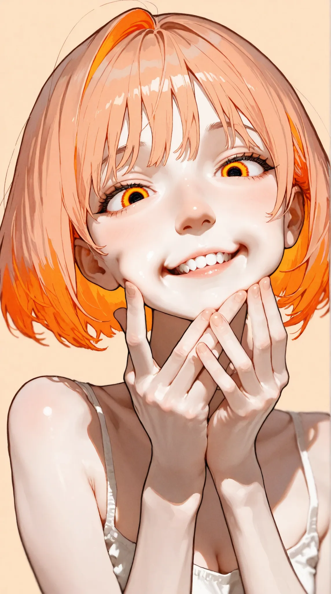((masterpiece)), ((Highest Quality)), (beautiful girl), perfectly detailed eyes, perfectly drawn face , Highly Detailed Nose, no expression, enables depth of field, Perfect Teeth, exposed shoulders, attractive, perfect face, my cheeks are bursting, adjust...