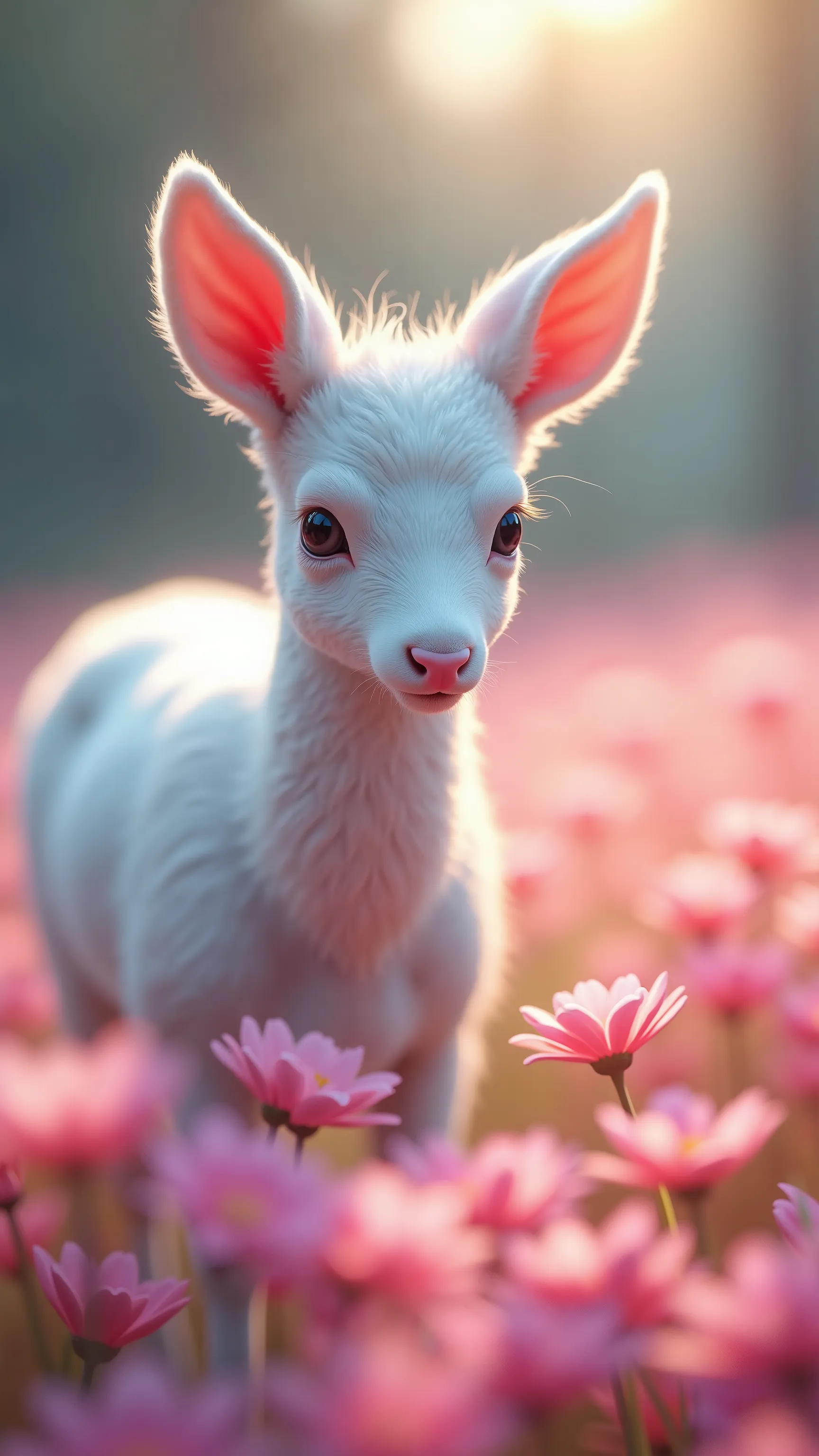  tamago cloth 、Creature Photos、Beautiful white deer、magicのファンタジーの森、Digital Art、the most amazing artwork in the world、((not human))、Forest flower field 、soft and balanced pink、Forest Scenery、Seven color flower 々、Ultra High Definition、8k octane rendering、mag...