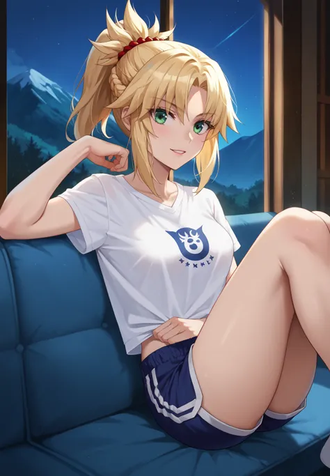 Fate series, Mordred, sitting on a sofa, t-shirt, shorts,mountain cabin,night time,sexy pose,alluring atmosphere,cinematic lighting,masterpiece,top quality,warm color,high resolution,high fashion,absurdres extremely,vivid colors,intricate details,best qual...