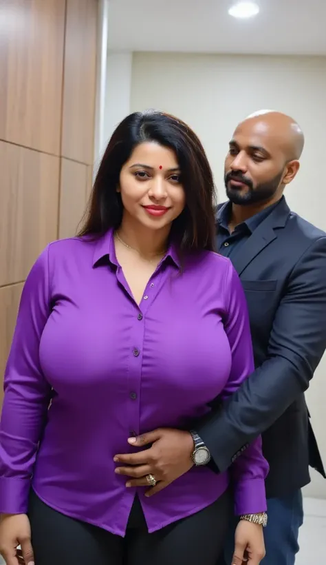 Cheating couple in indian office cabin room a black skin tone huge fat chubby body physique bald man with goatee and a sexy dark brown skin tone latina woman, woman with huge thick fat curvy Pear body shape physique, woman with a small black dot bindhi and red sindoor, woman with black long front layered hair, tall woman is wearing a office secretary outfit, formal plain purple silky shirt(big breast) and tight formal pant, woman looking at camera, full body mid range view, woman standing with a dark black skin tone man wearing blazer suit, woman looking at camera, man and woman standing facing camera, man is standing behind woman facing camera, man’s hand from behind grabbing woman’s breast from behind, woman is in side view doggy style pose, woman with sad face expression facing the camera and looking the camera with teary eyes 