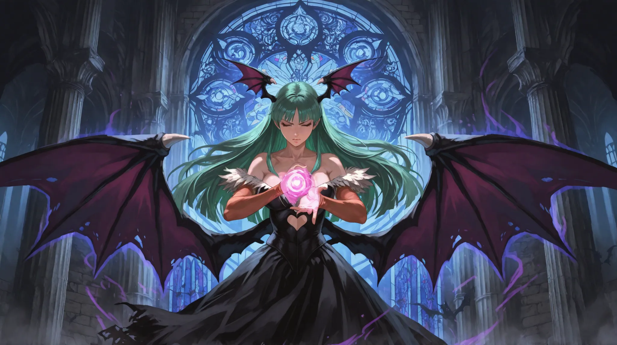 Morrigan Aensland and Lilith from Darkstalkers in mid-battle inside a ruined gothic castle, moonlight through broken stained glass, detailed stone walls and pillars, dramatic shadows, Morrigan facing the camera from the side in an aggressive fighting pose,...