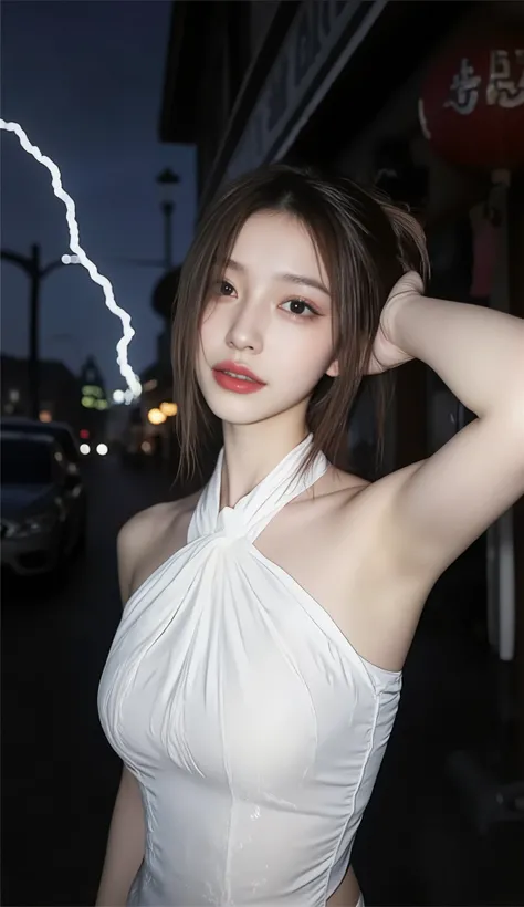 ((I'm drawing a Korean pop idol girl。),(full body shot with mahiru),((99 cm G cup big breasts)),((old Western-style building,thunder,Three Hour Night of the Ox)),((full body white high neck sleeveless silk dress)),(thunderの明りがあなたを照らす,Contrast of light and ...